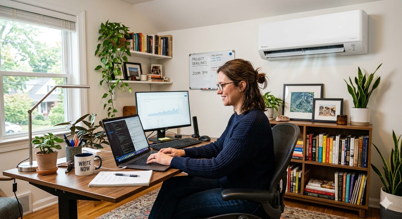 Woman working at her desk in a cosy home office with plants, a laptop, and a white wall-mounted air conditioner in the background.