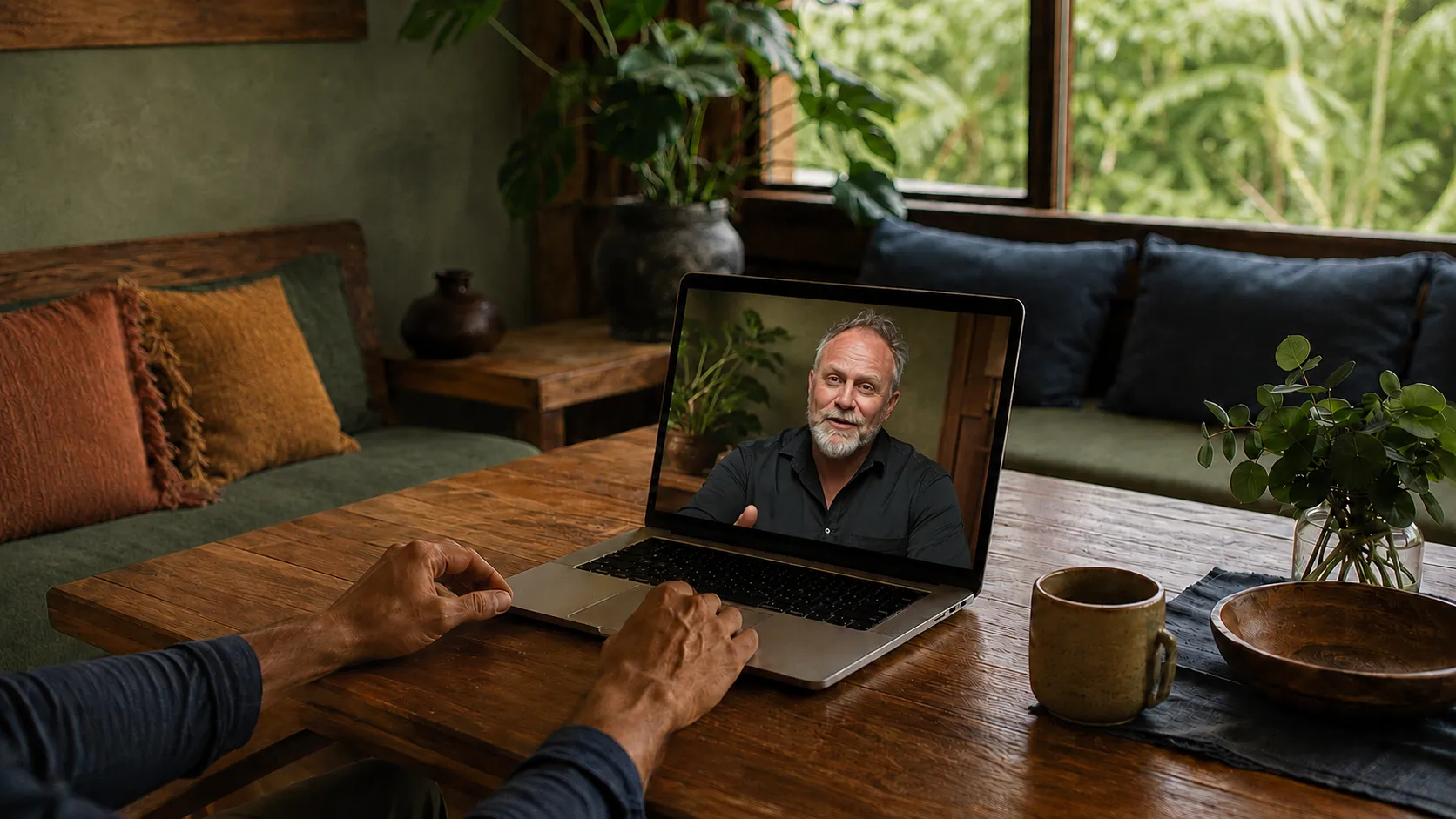 Clay speaks during a private online Soul Journey Discovery Call, viewed on a laptop in a warm, tropical home setting.