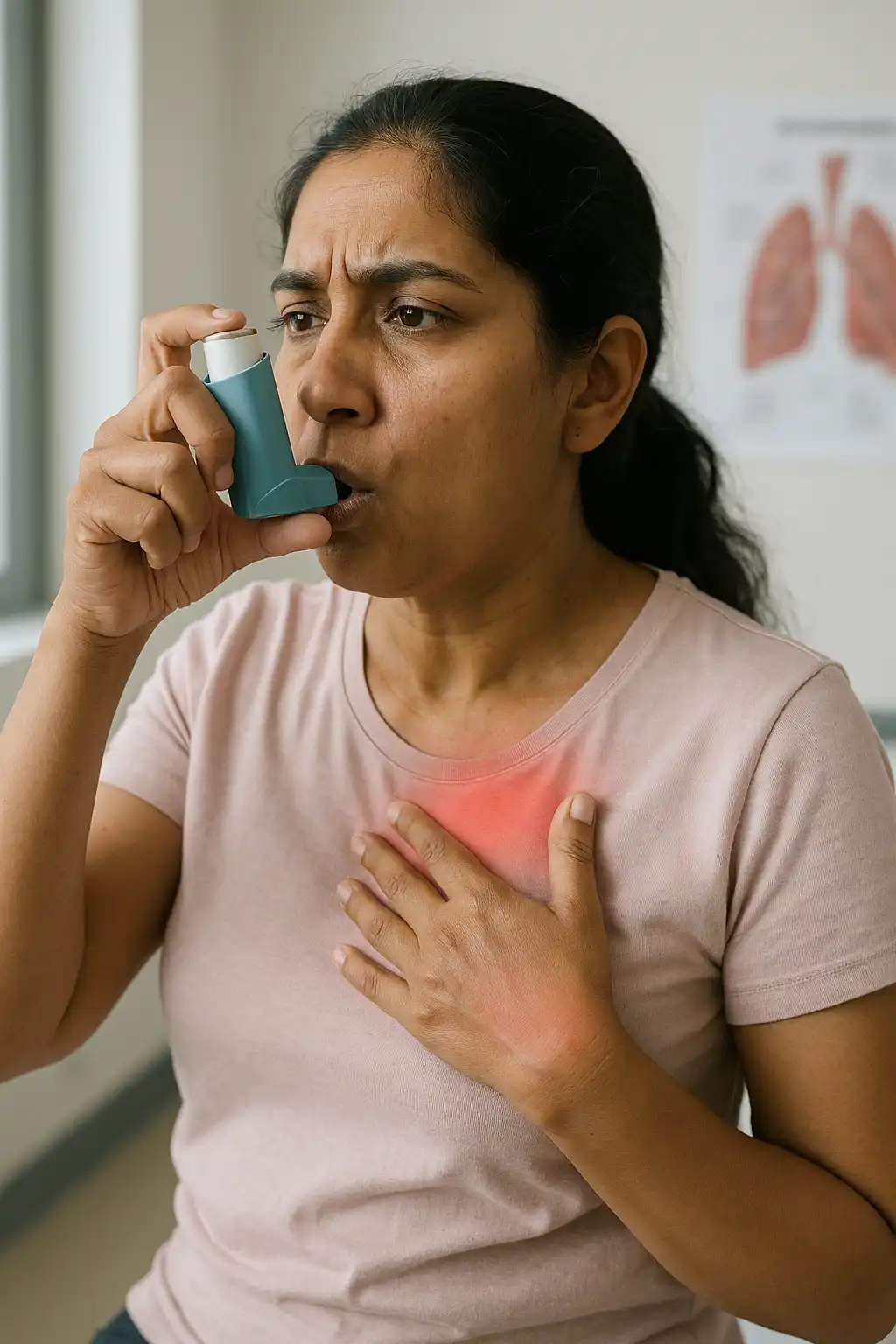 Woman using an asthma inhaler while experiencing chest discomfort and breathing difficulty.
