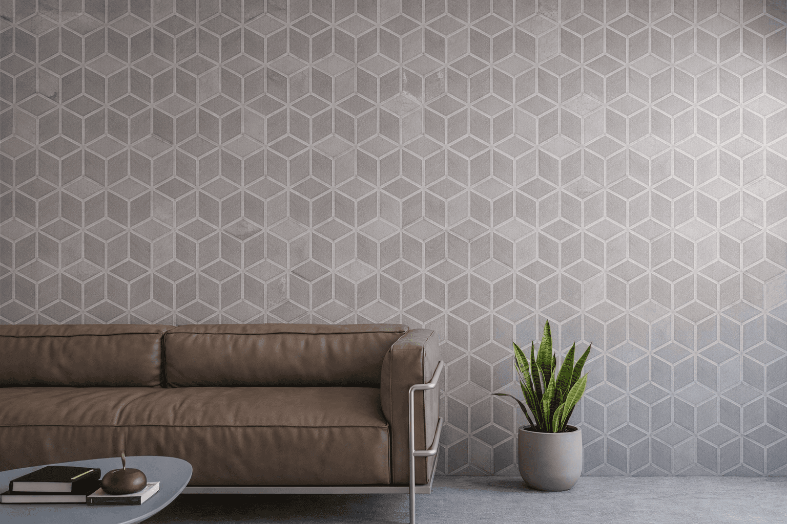 Hexagonal stone wall tiles used in modern living room interior design