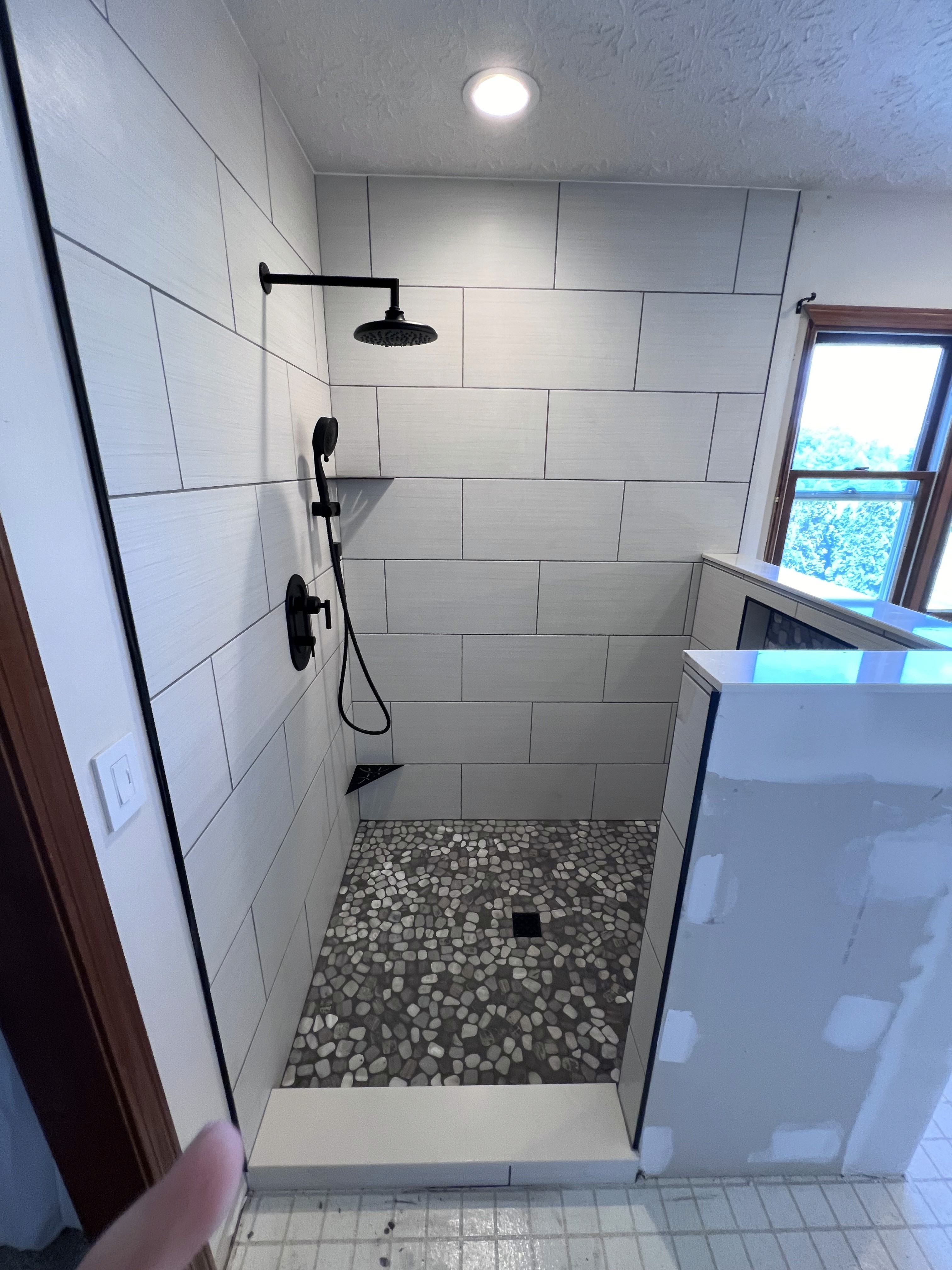 Corner Shower Concept with Rainfall Shower Head and Hand Sprayer