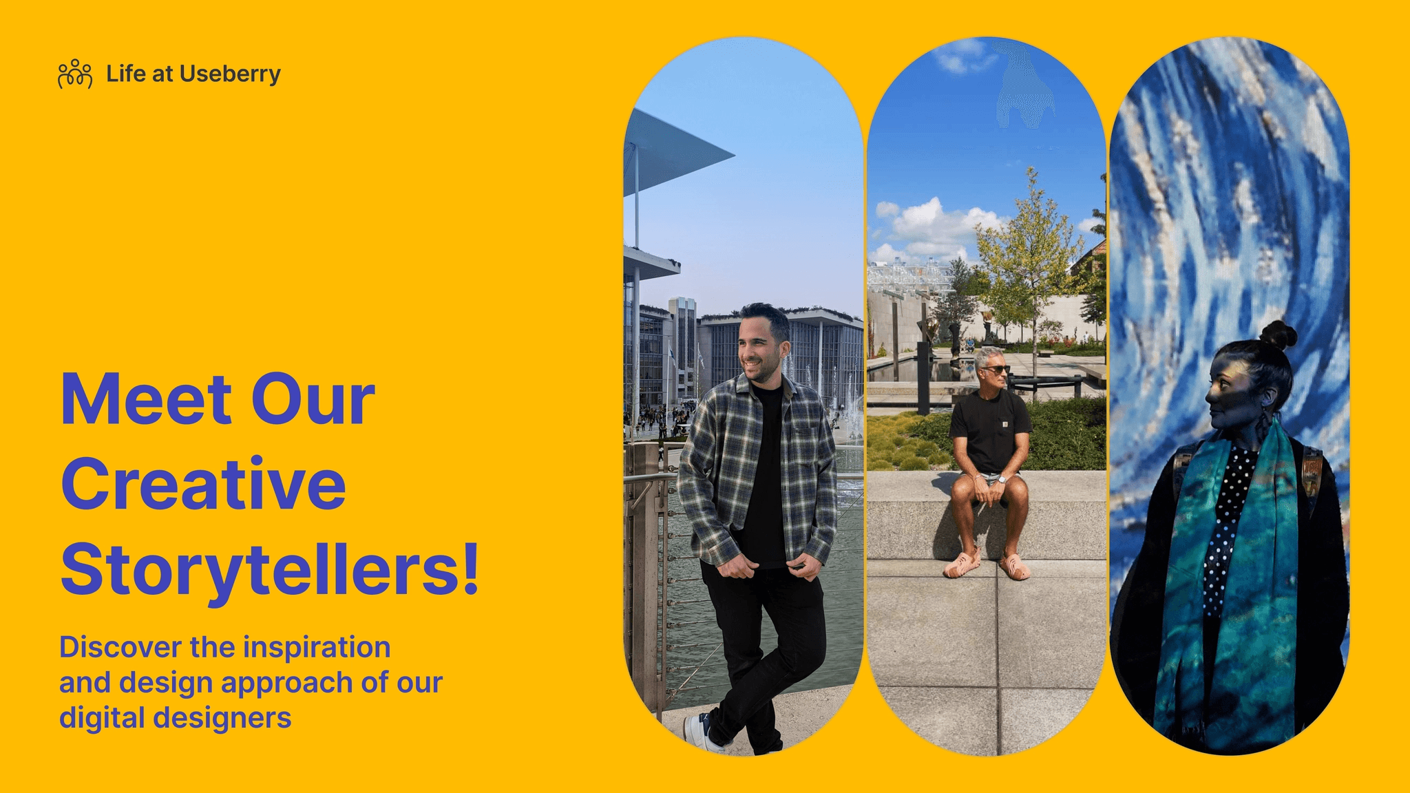 Photos of our design team in individual frames inside the cover with urban backgrounds