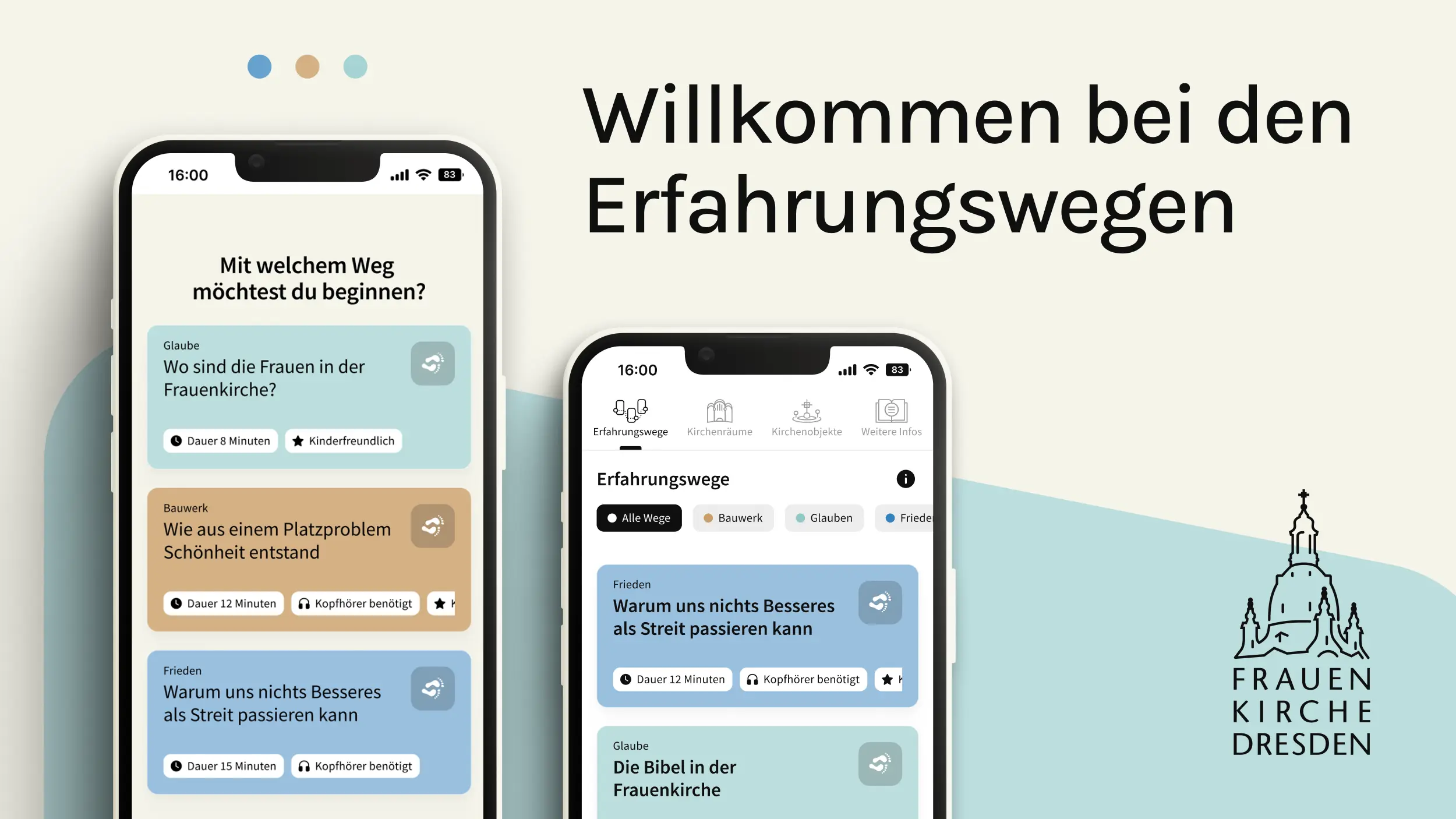 Zwei Smartphones mit Erfahrungswegen Glaube, Bauwerk und Frieden