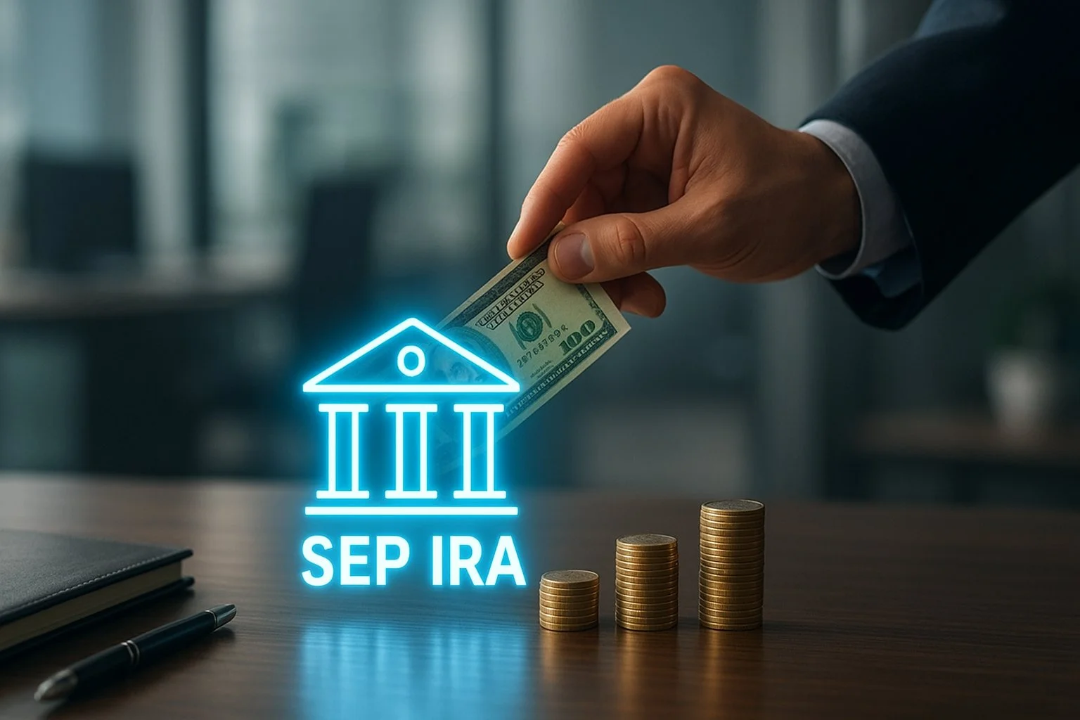 Employer depositing money into a digital SEP IRA account, shown as a glowing bank icon with small coins stacking beside it.