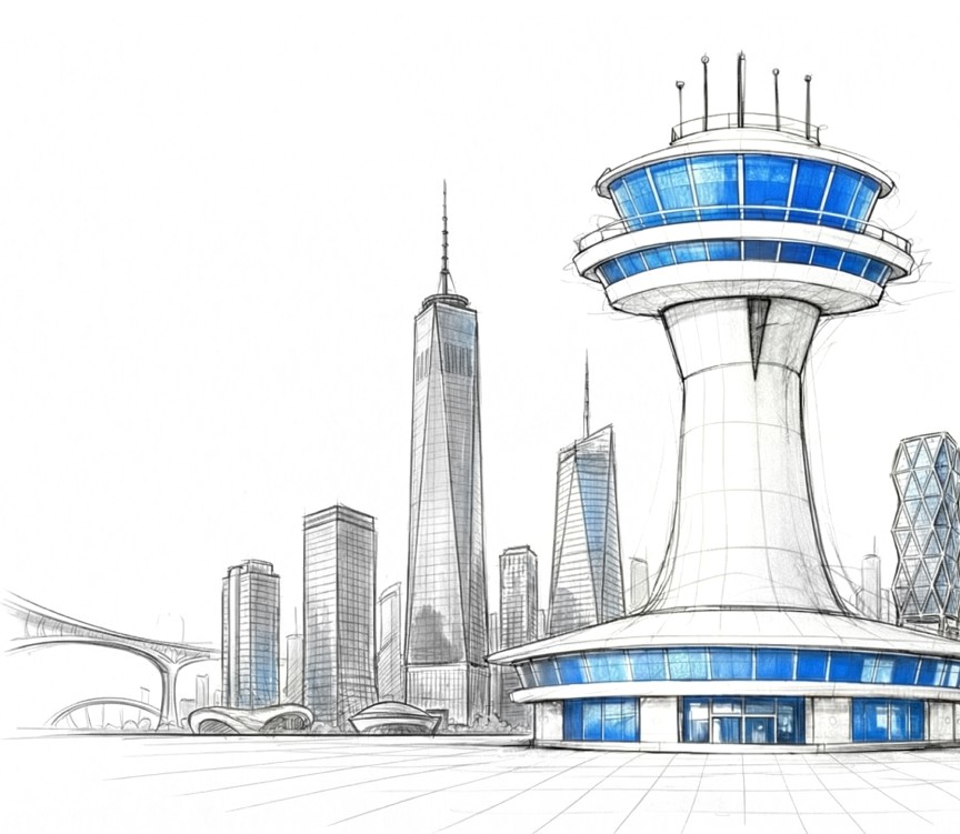 Futuristic cityscape sketch featuring a tall, blue glass observation tower. Surrounding buildings are sleek and modern, conveying innovation and progress.