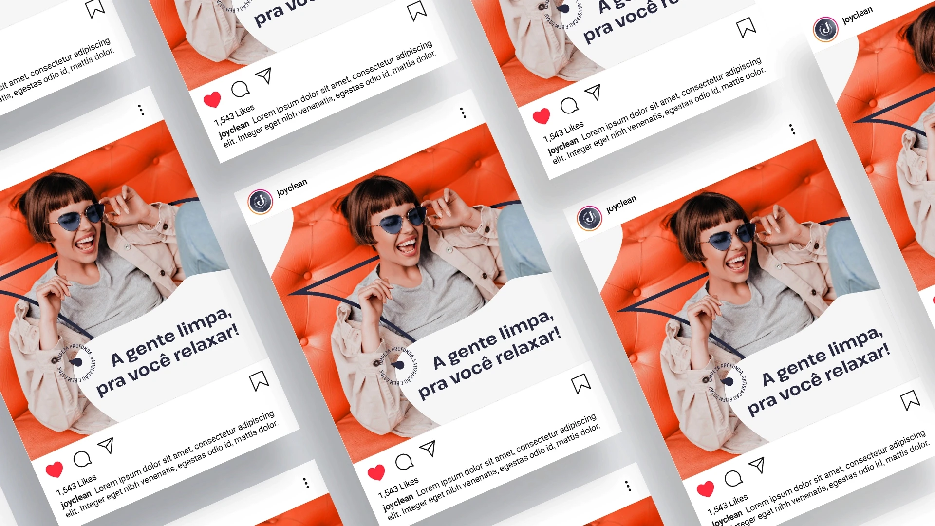 Mockup de feed do Instagram com postagem vibrante em tom coral e foto de mulher sorrindo em um sofá com o texto 'A gente limpa, pra você relaxar!'.