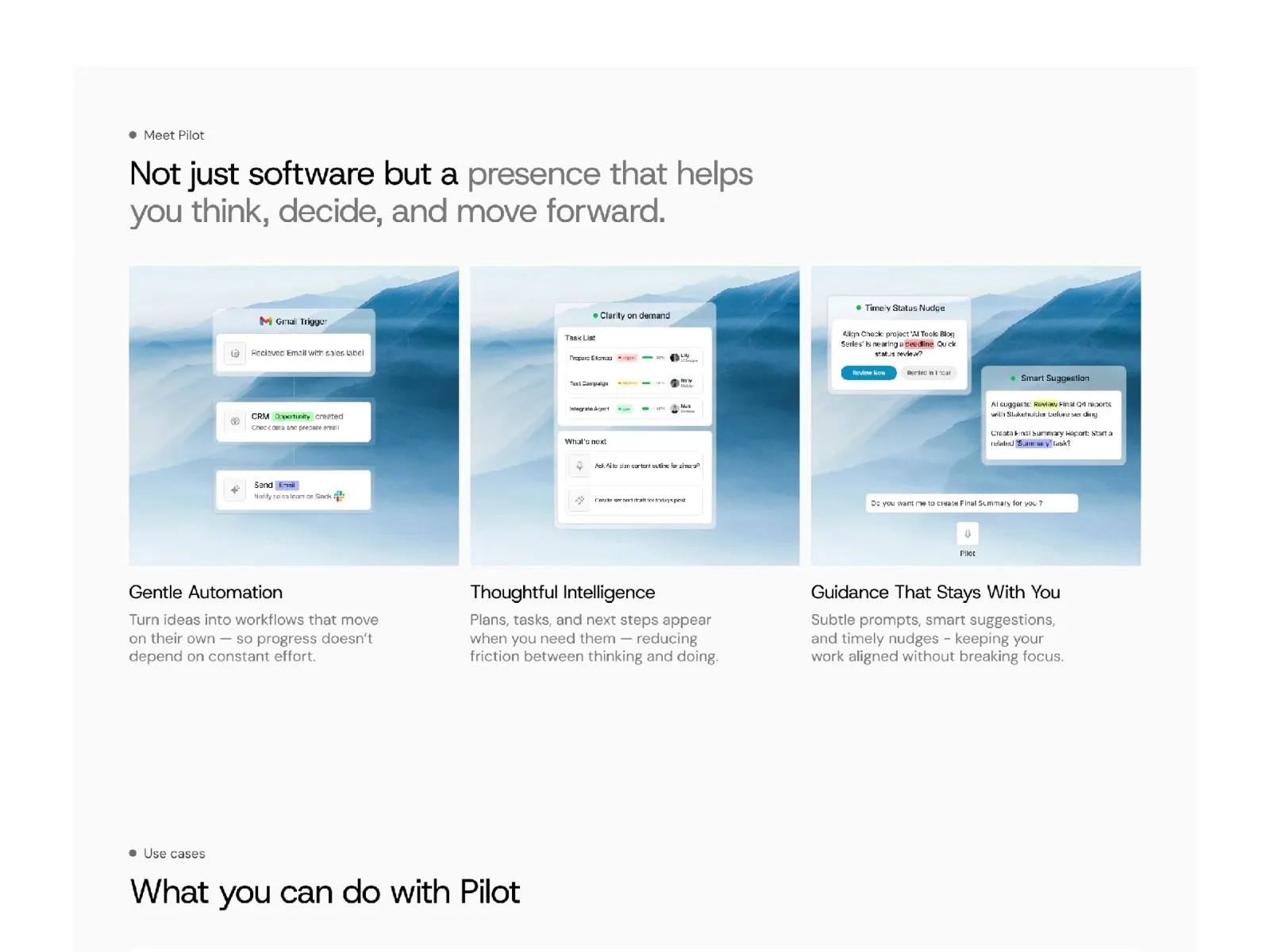 Three software feature panels with text on a blue gradient background.
