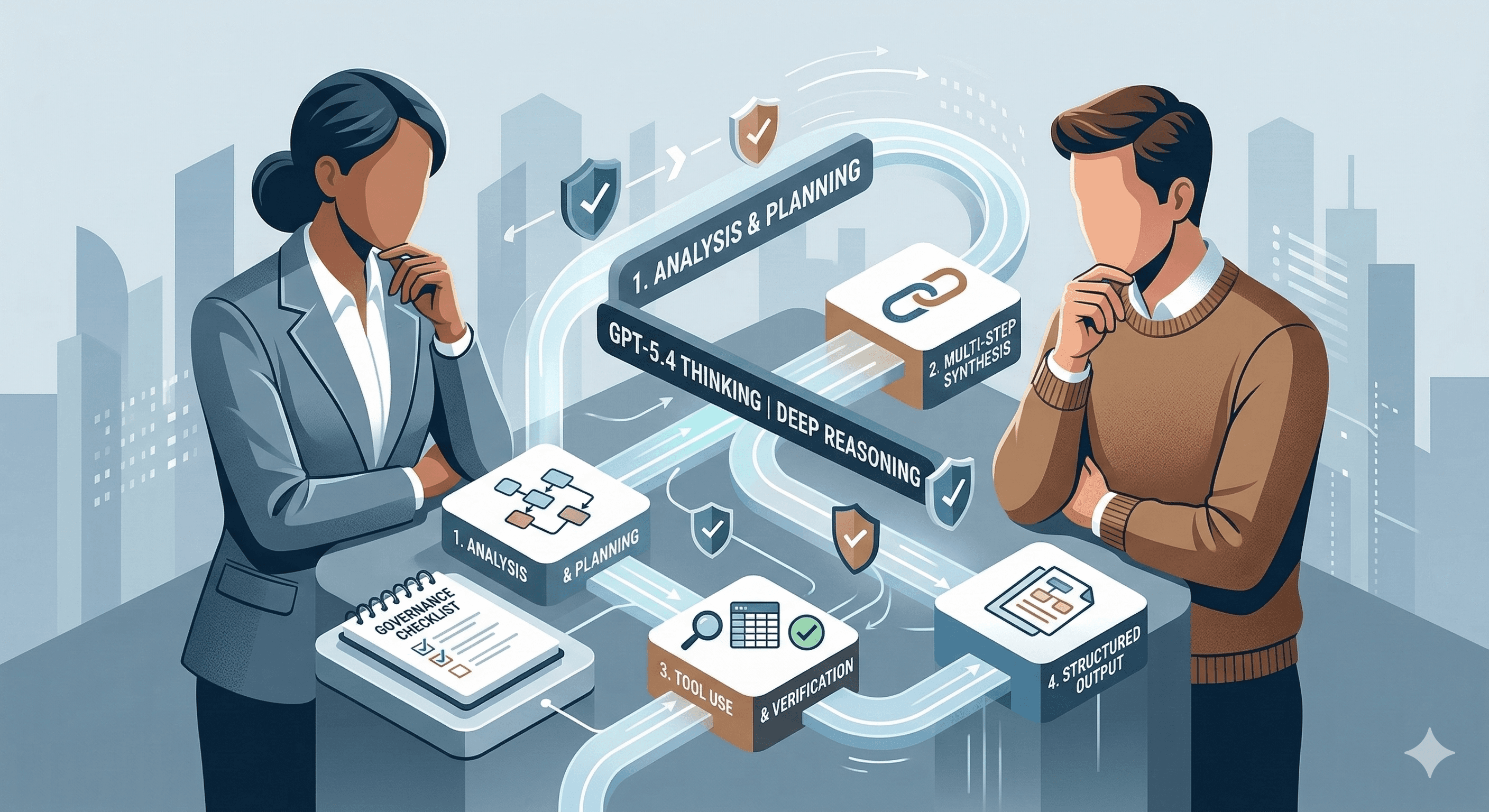The illustration showcases two individuals pondering over a conceptual flowchart depicting the "GPT‑5.4 Thinking: The New Reasoning Model Explained," with labeled sections on analysis, planning, deep reasoning, verification, and structured thinking, against a cityscape backdrop.