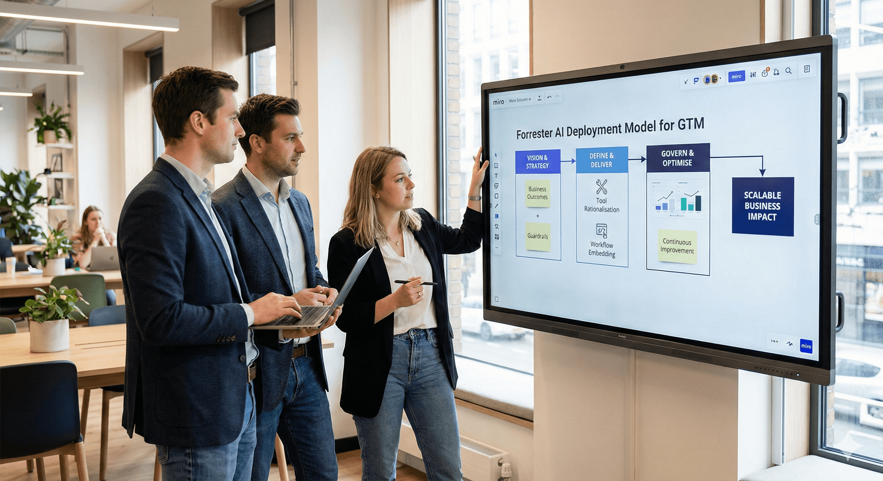 Three individuals in a modern office setting discuss a presentation on a large screen displaying the "Forrester AI Deployment Model for GTM," which outlines steps for achieving scalable business impact.