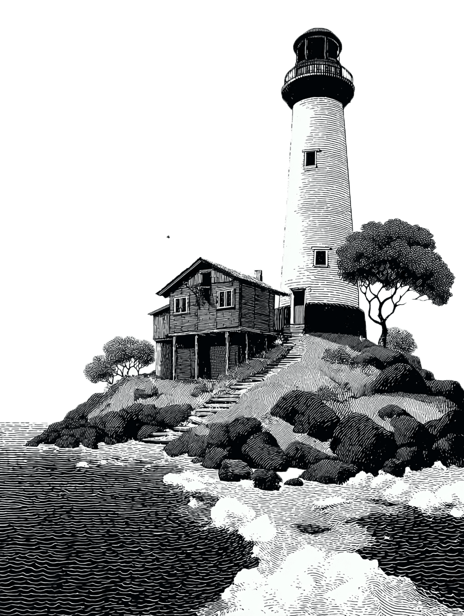 Illustration en noir et blanc d'un phare côtier sur une île rocheuse, avec une petite maison en bois et la mer en bas.