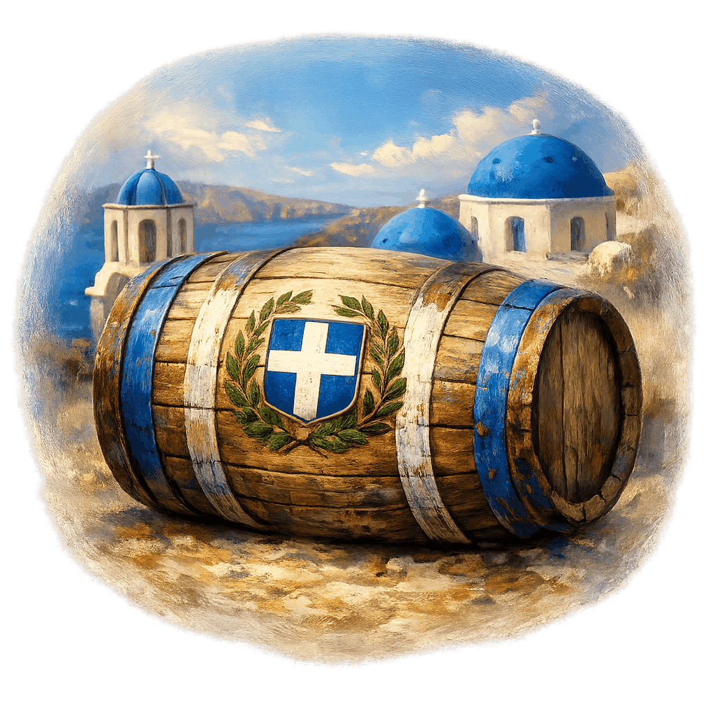 Wine barrel featuring the Greece national emblem for regional wine education.