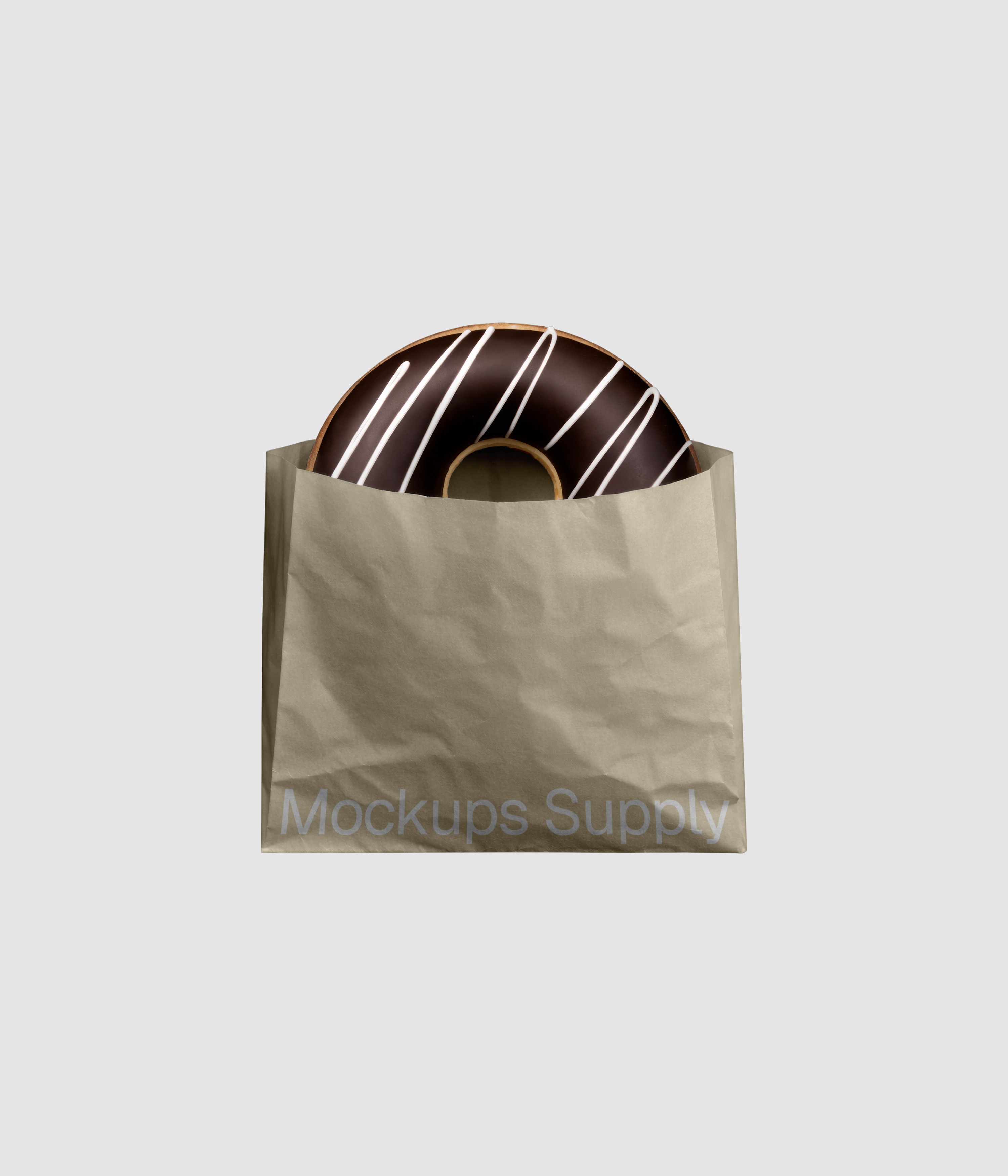 Chocolate donut in beige takeaway paper bag mockup on gray background for Photoshop download psd