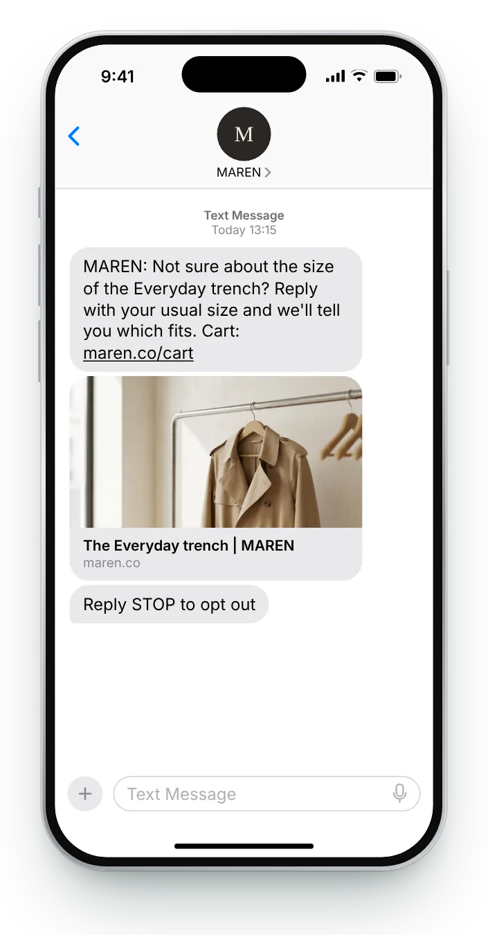 Offer help with the size abandoned cart SMS on an iPhone