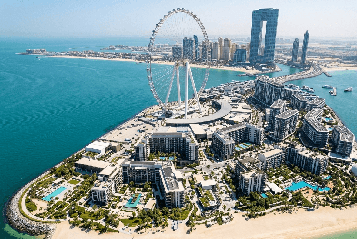 Aerial view of Bluewaters Island, Ain Dubai, and Dubai Marina waterfront attractions