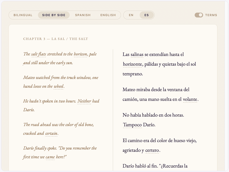 Four mode states – bilingual, side by side, Spanish only, English only