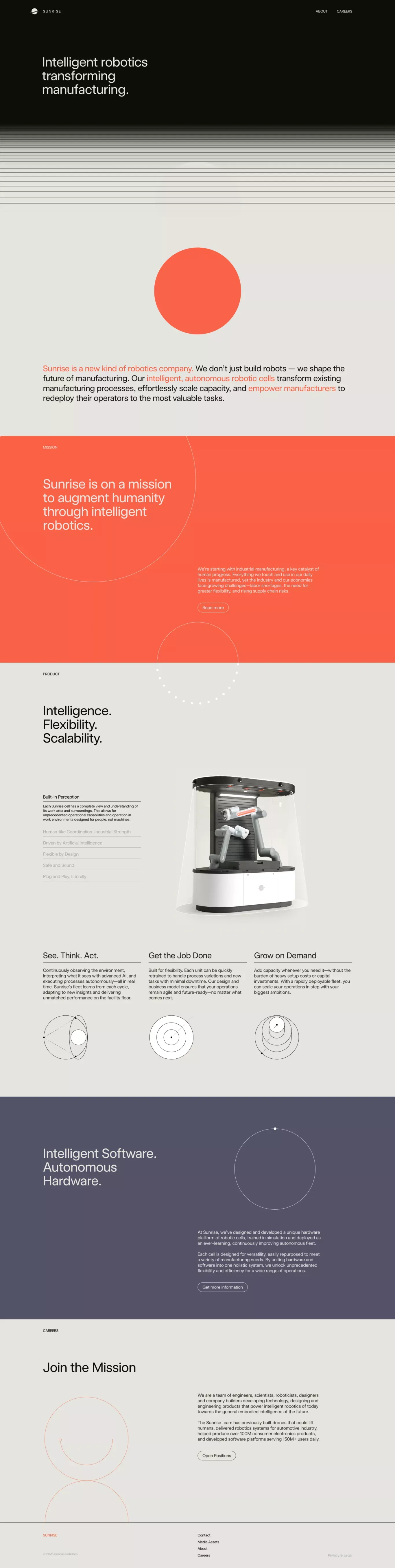 Sunrise Robotics - Intelligent robotics portfolio page screenshot showcasing Design and Tech design