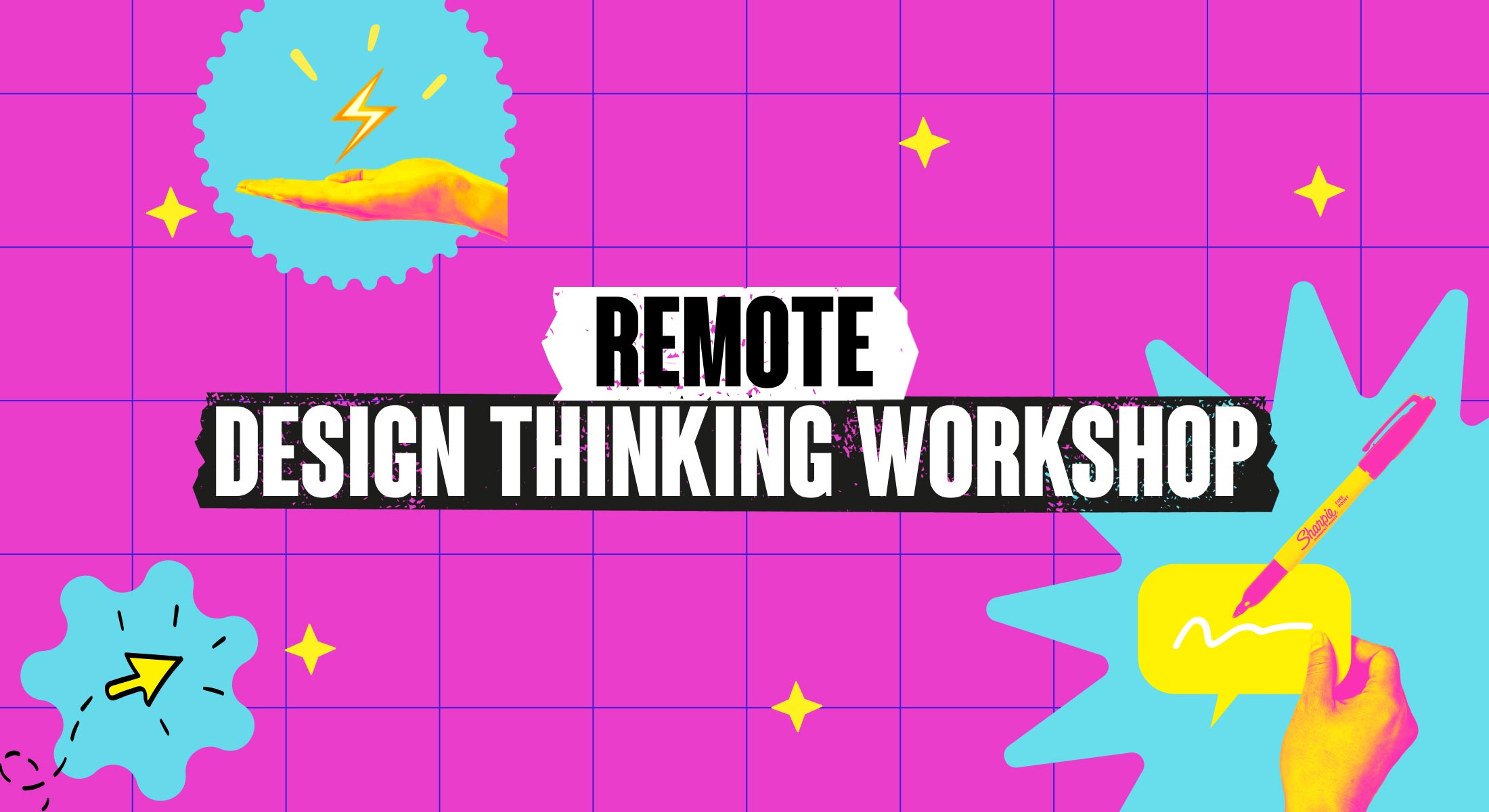Wide pink and blue banner with hands writing, cursor icons, and lightning bolt about remote design thinking workshops