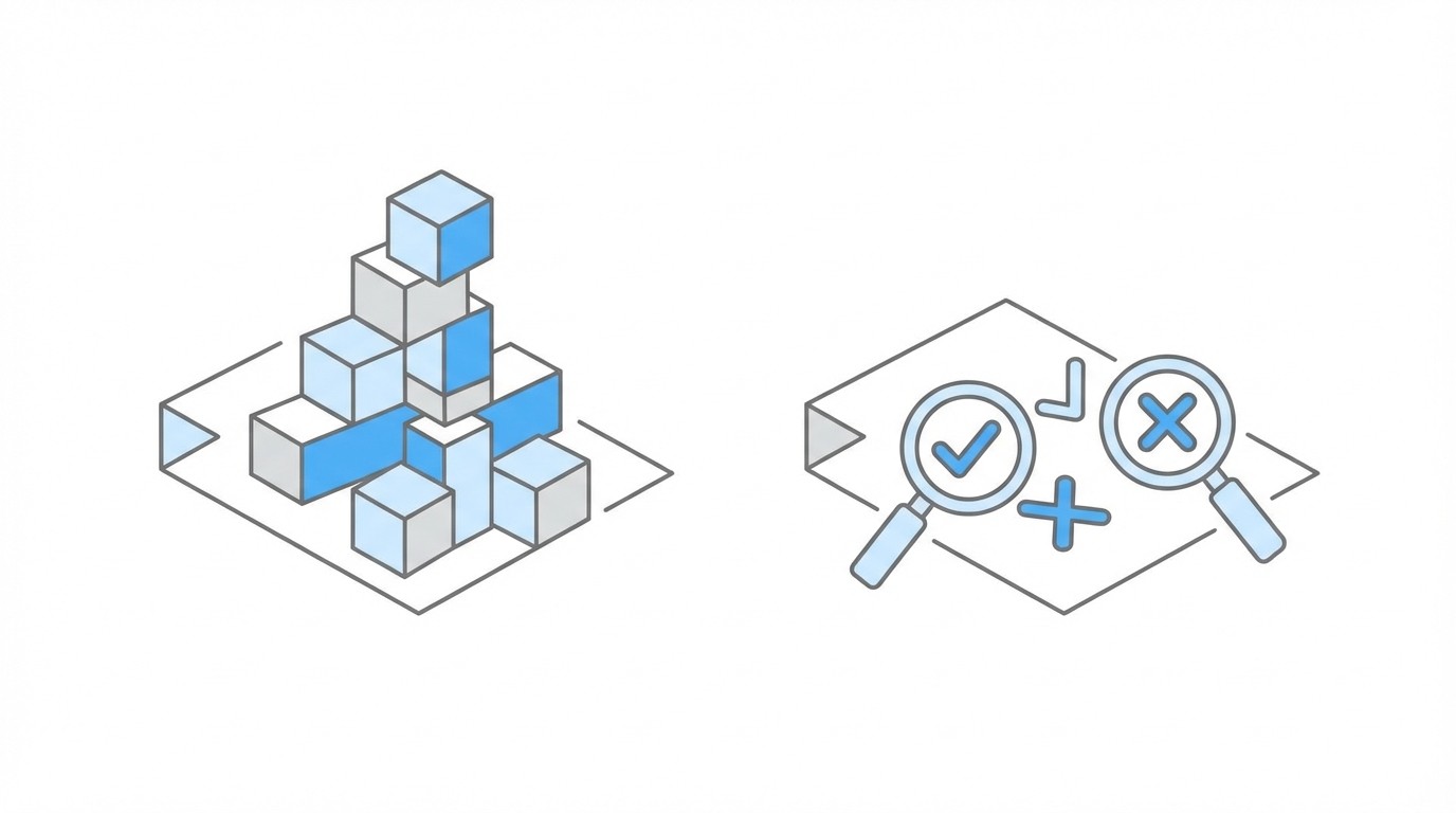 Illustration comparing building blocks (constructive case presentation) vs magnifying glass analysis (error identification)