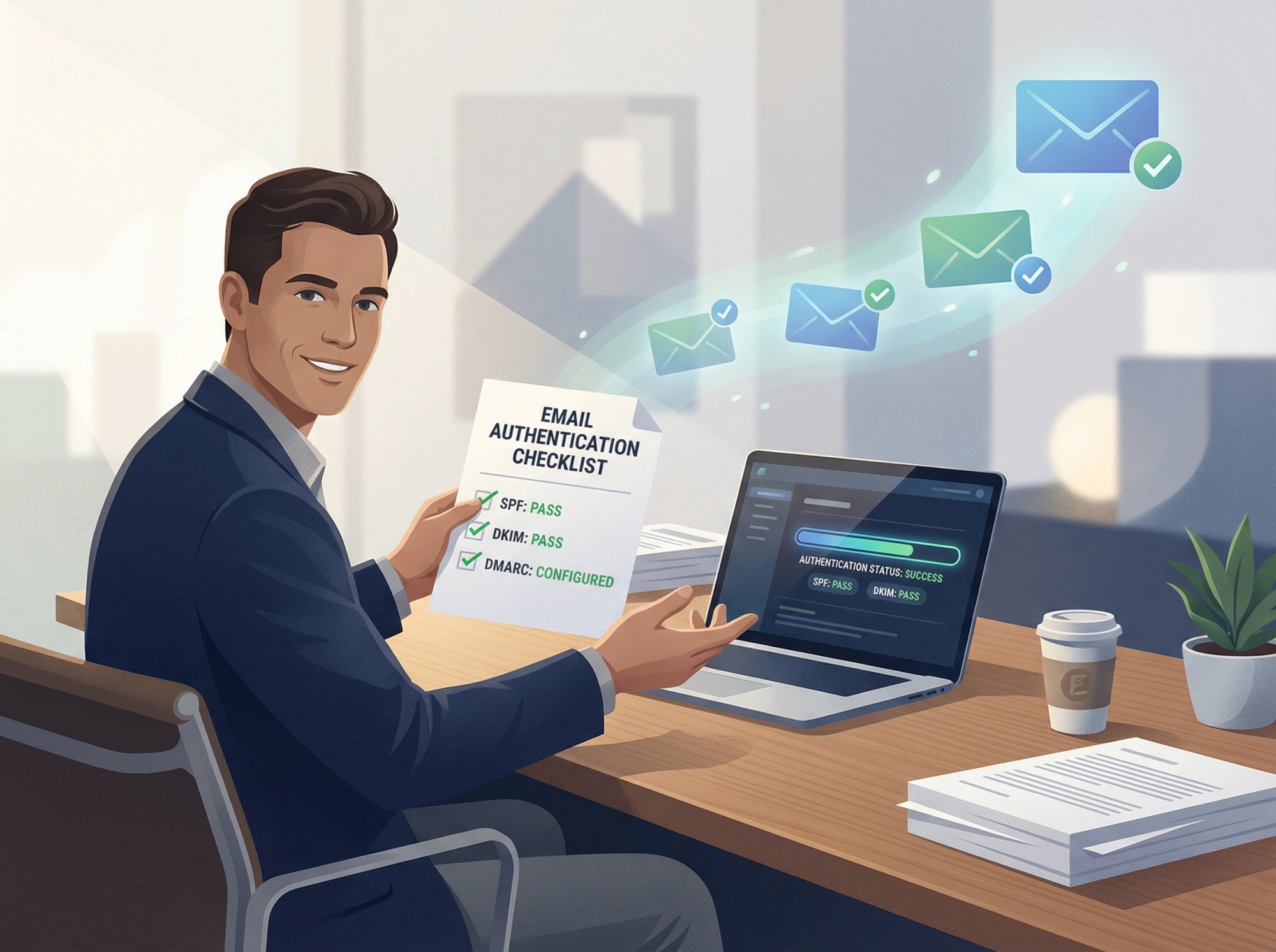 Professional B2B sales representative confidently reviewing email authentication checklist with expert guidance