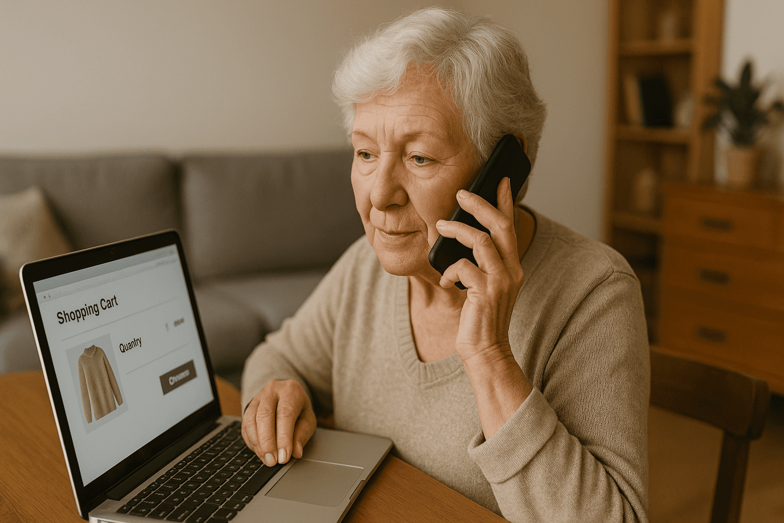 An older woman sitting at a desk, speaking on the phone while shopping online on her laptop.