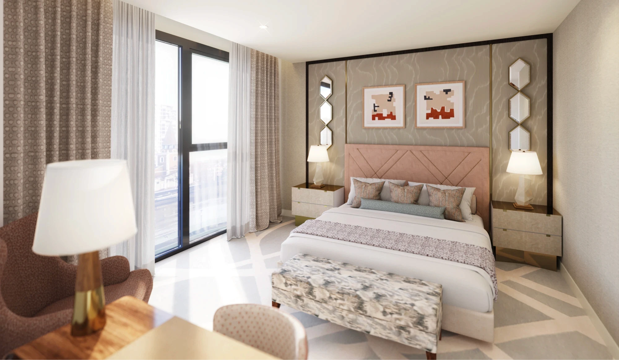 A modern room features a plush king-sized bed with decorative pillows, flanked by stylish nightstands and contemporary lamps, framed artwork above, and large windows letting in natural light. 