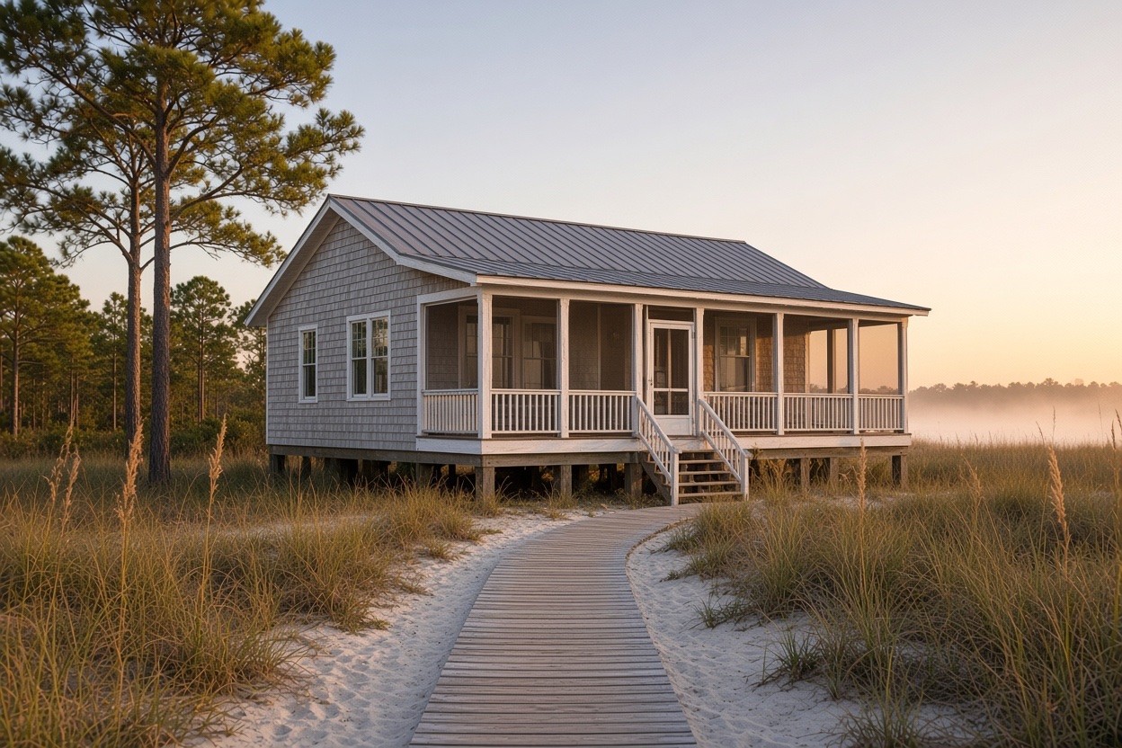 A raised beach cottage on pilings with a long screened porch