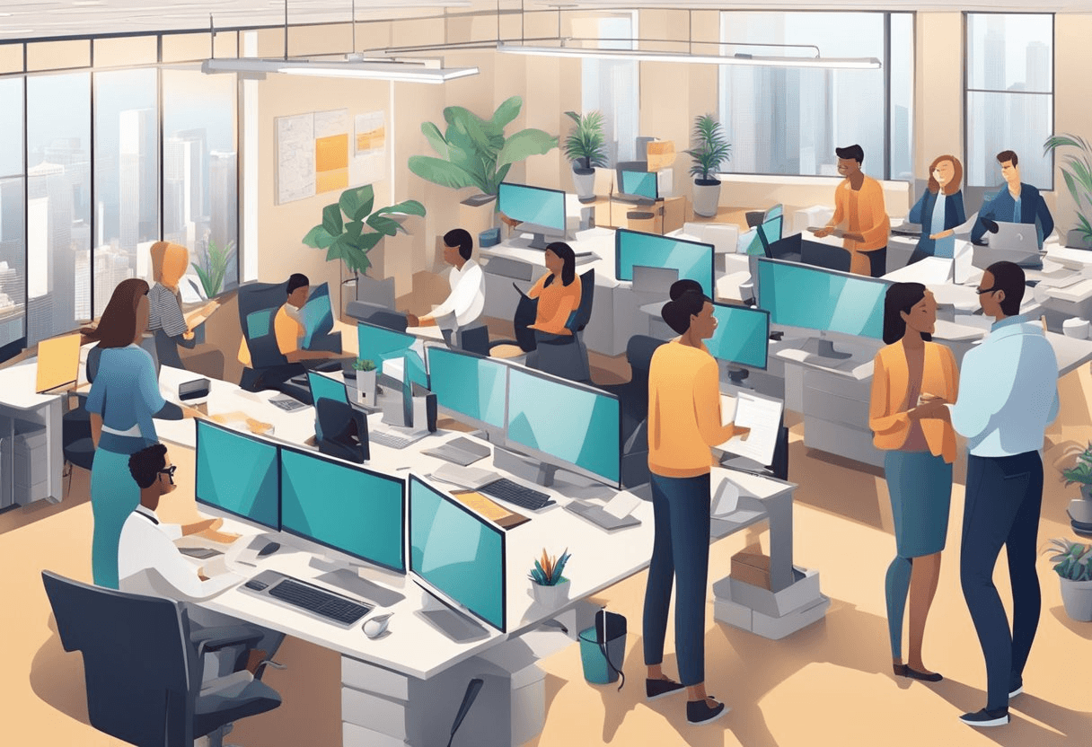 A bustling office environment with a mix of young professionals and experienced mentors collaborating on projects, exchanging ideas, and providing guidance