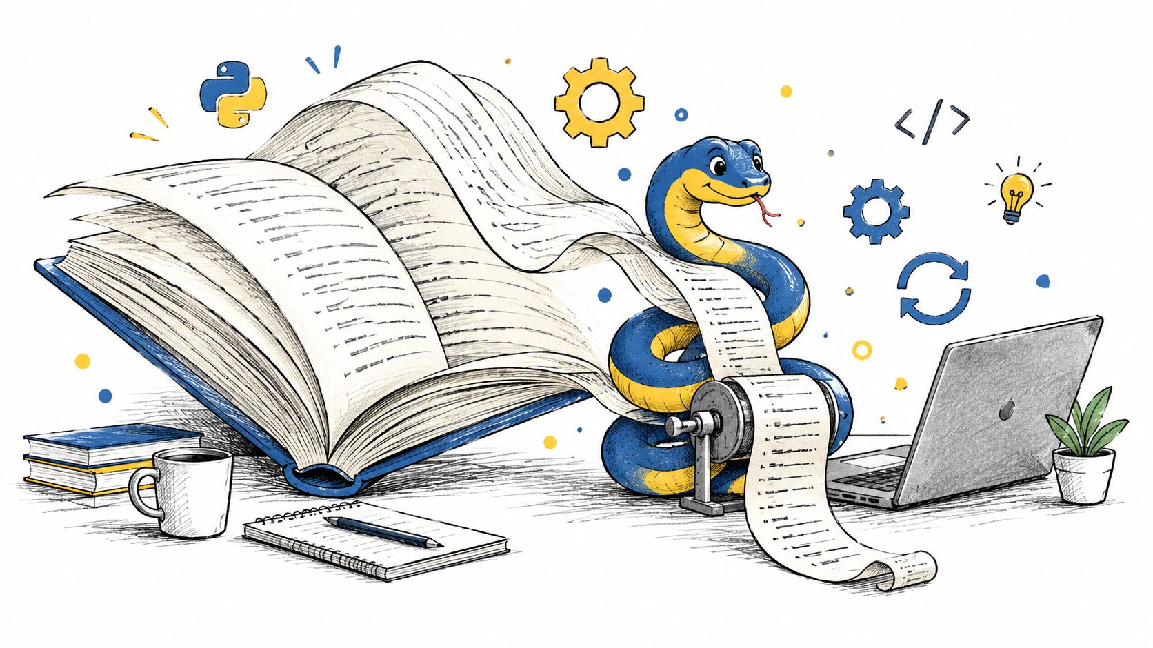 A cartoon illustration showing a snake reading from an open book and transcribing data into a laptop.