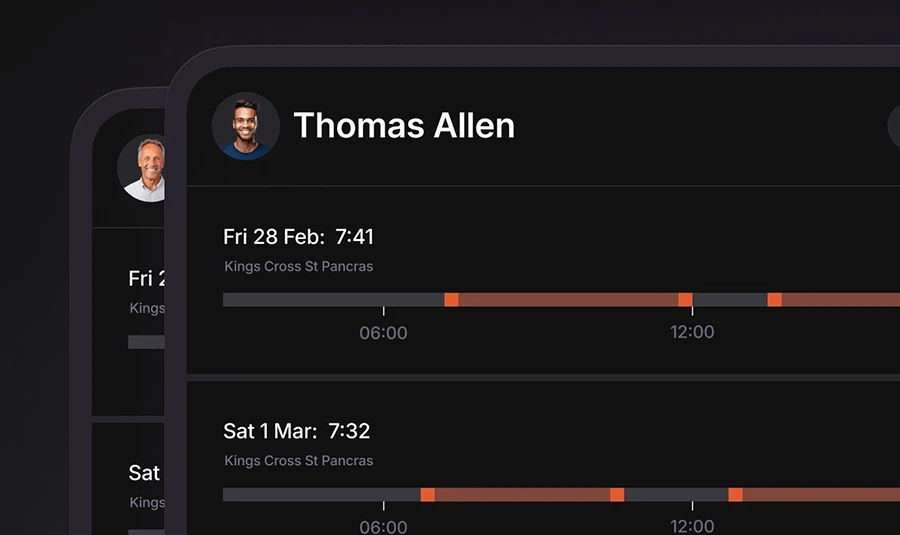 An extreme close up of two stacked images of operatives’ daily timeline showing when they clocked in and out.