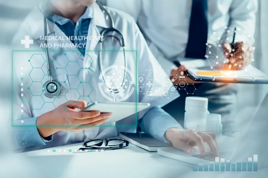 AI in Pharmacy demonstrated by a digital overlay of medical data and chemical structures on a pharmacist using a tablet.