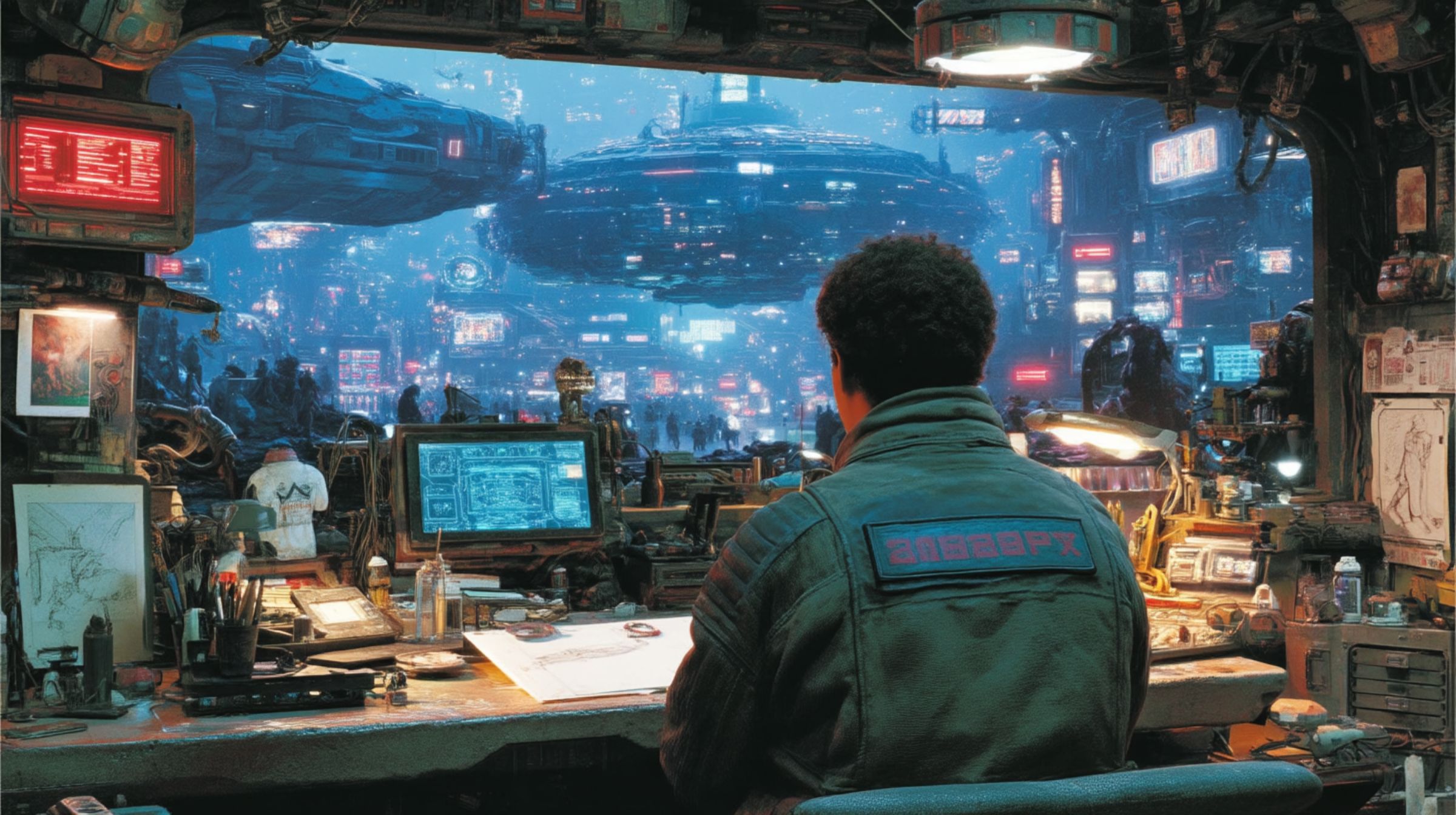 A lone creator sits in a neon-lit studio overlooking a vast futuristic city, sketching by hand as holographic screens glow — the artist and the system become one.