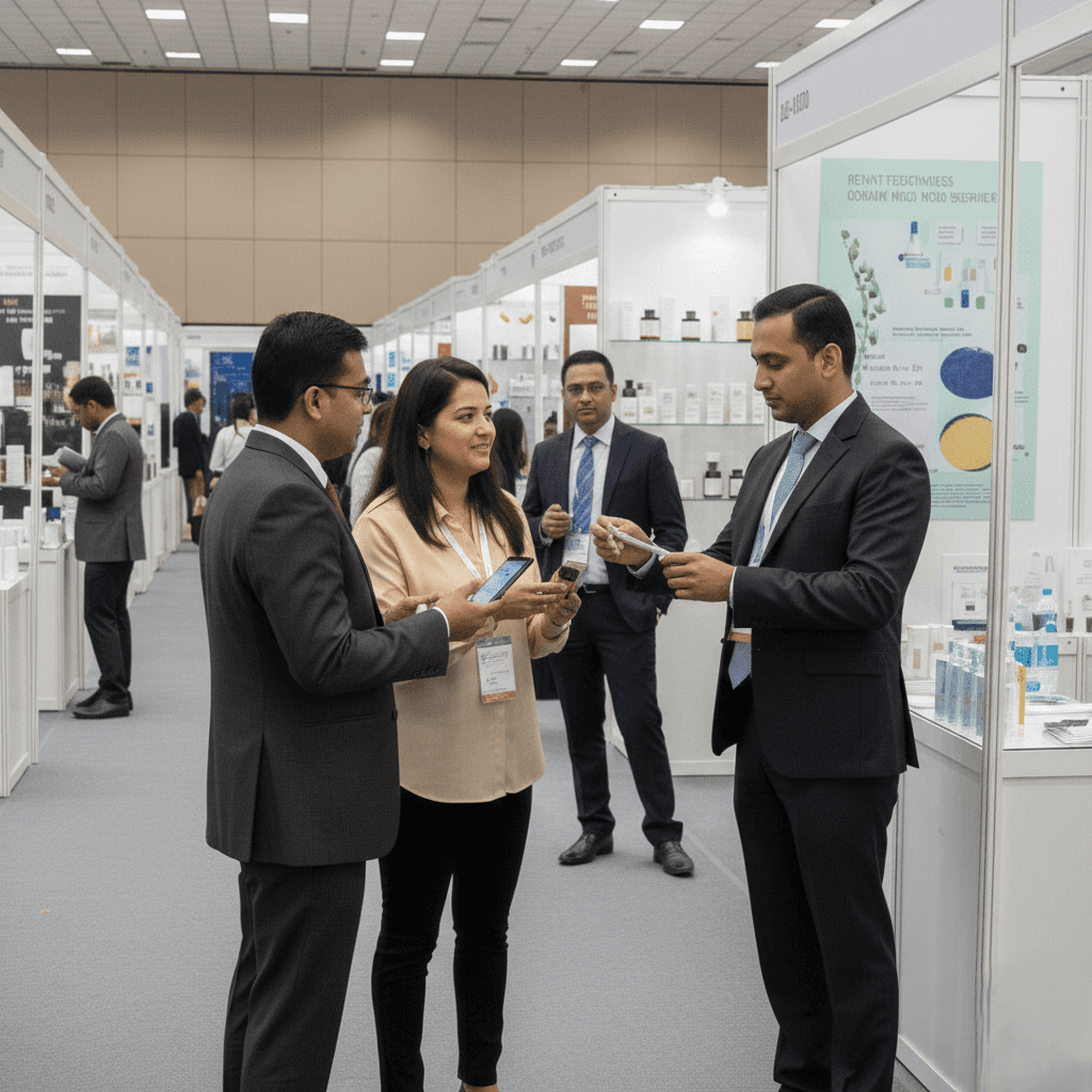 Professionals exchanging business cards and capturing leads at a cosmetics ingredients expo during CHCI 2026 in Delhi