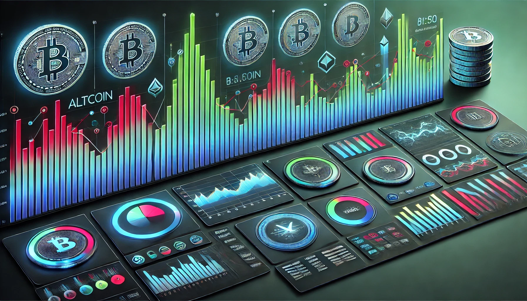 Crypto-themed image featuring charts, digital coins, and market trends, representing cryptocurrency trading and blockchain technology.