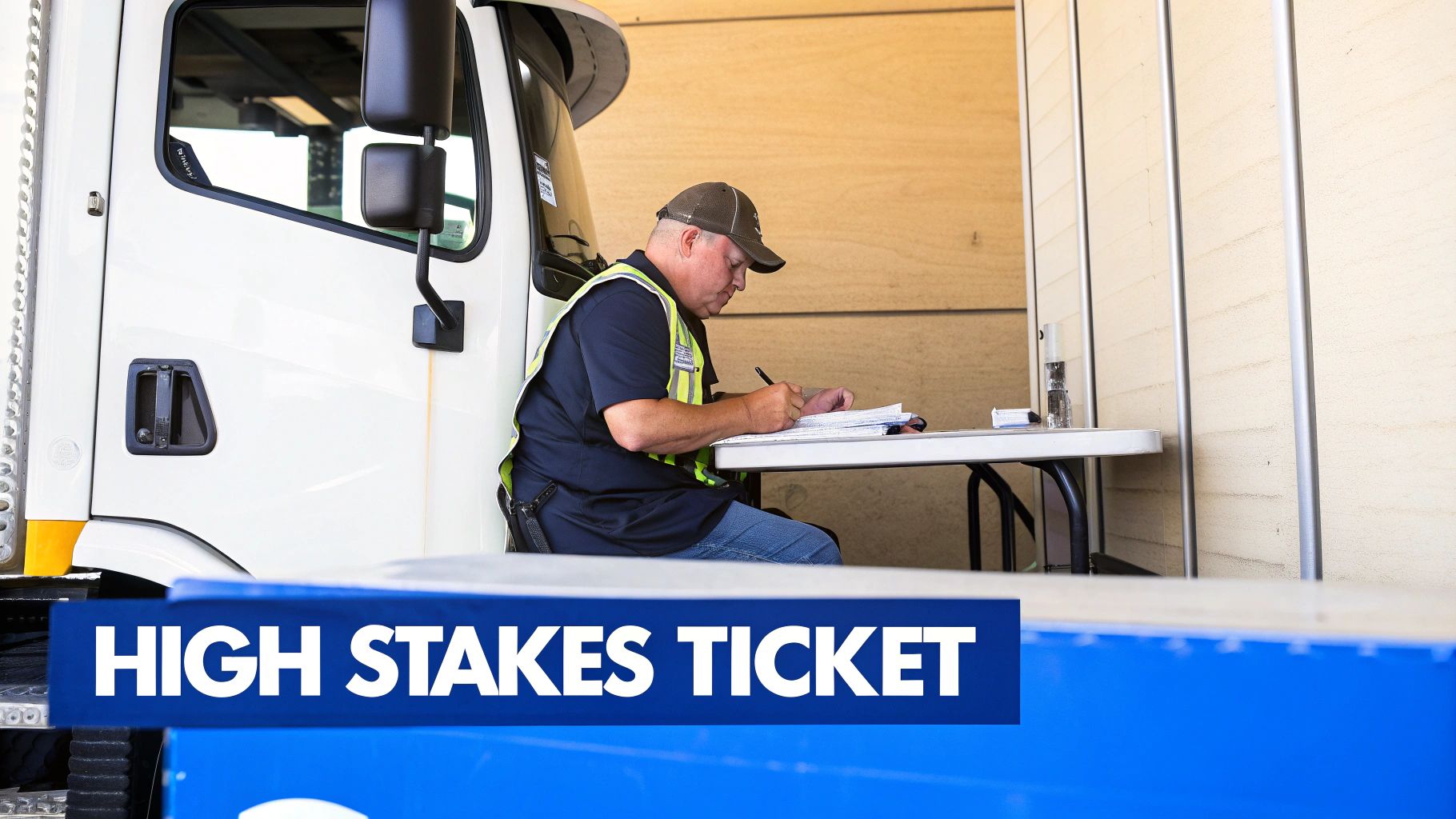 A man in a safety vest and cap sits at a table, writing on papers next to a white truck. Text reads 'HIGH STAKES TICKET'.