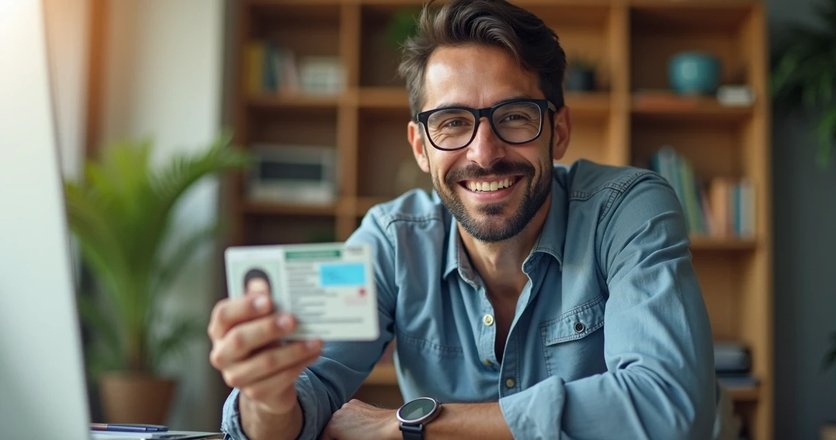 Homem segurando CNH física e celular com versão digital 