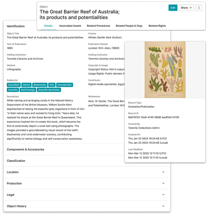 Collections object record showing how Terentia supports collections management