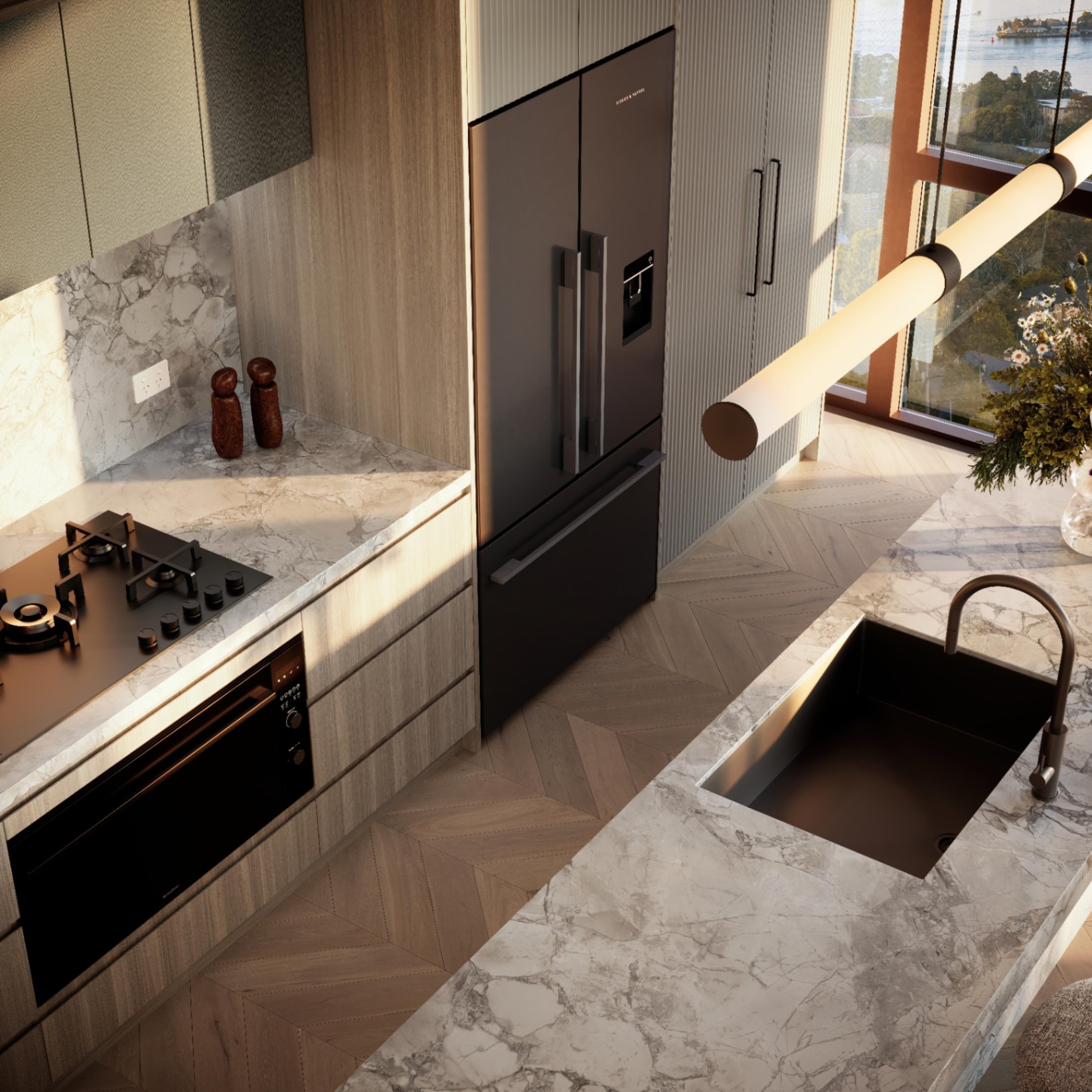 Modern kitchen with stone benchtops and premium appliances in Falcon and Alexander off the plan Sydney property