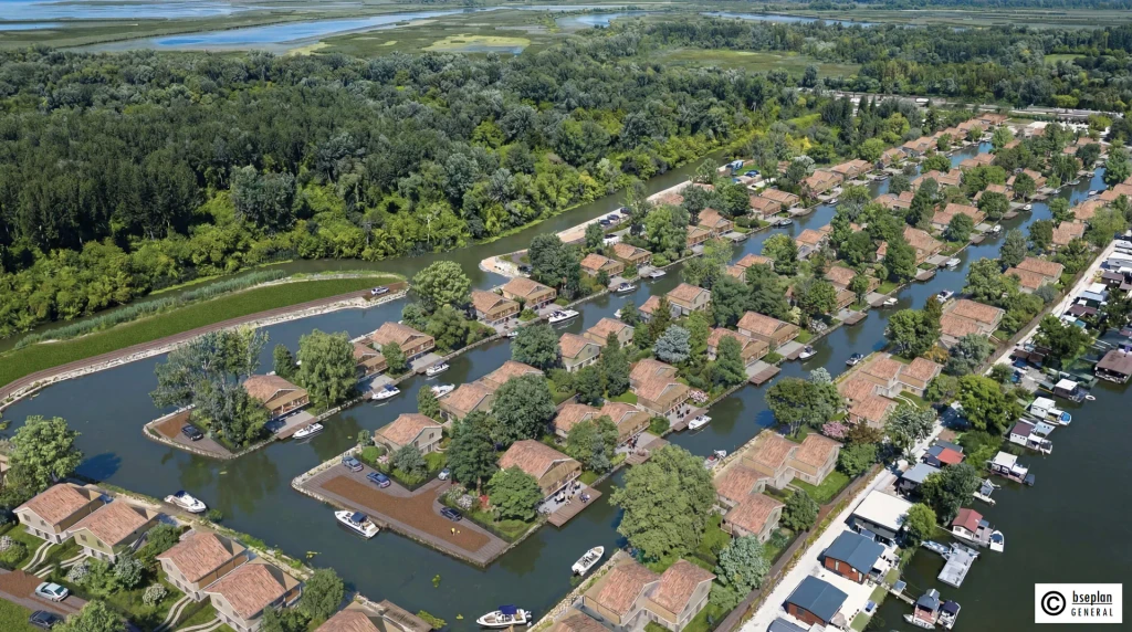 Aerial render of the Zátonyerdő waterfront development in Poroszló, Hungary, showing rows of new holiday homes with terracotta-tiled roofs arranged along a network of private boat canals, surrounded by lush greenery and the Tisza floodplain wetlands in the background.