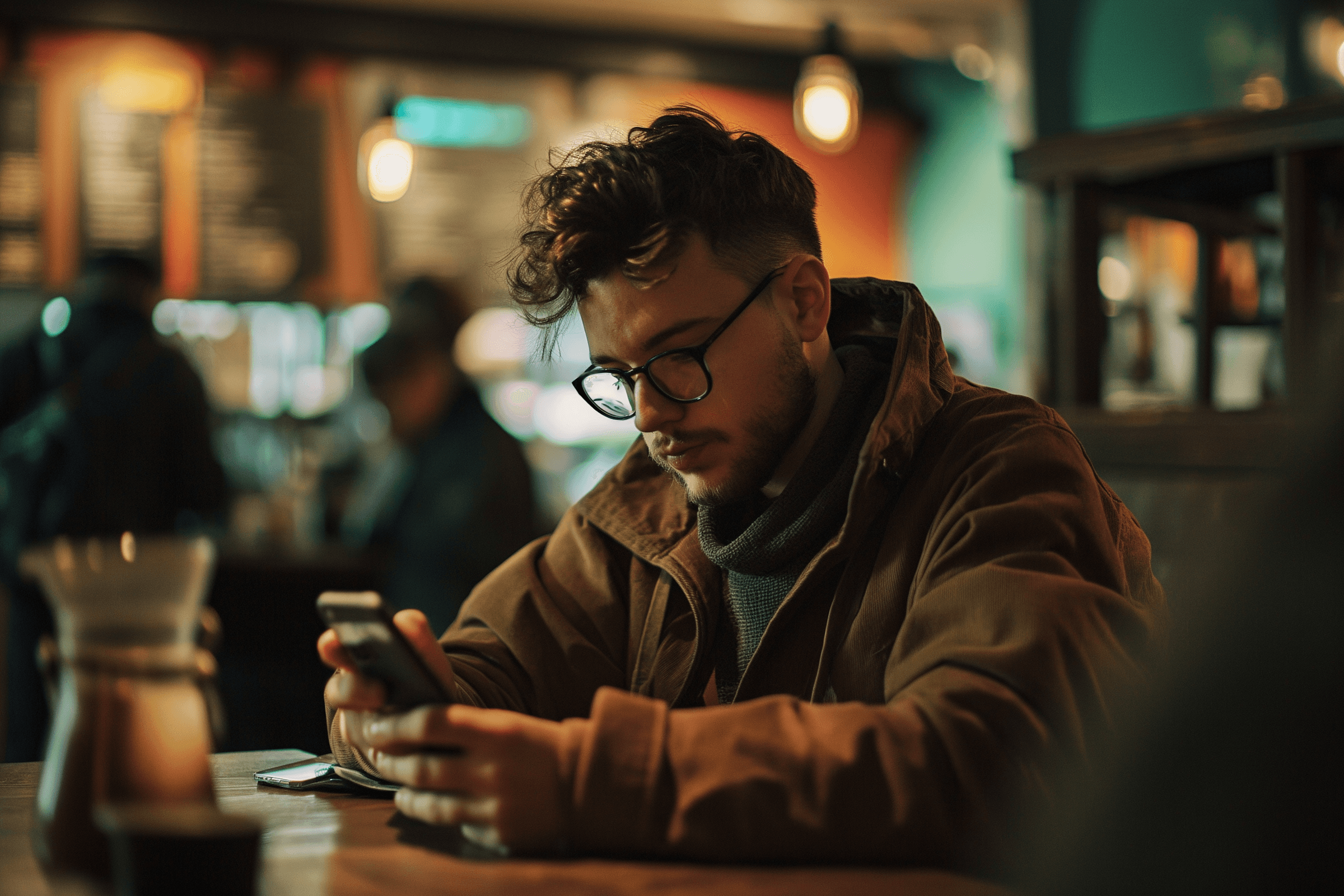 Young man with glasses using smartphone in a cozy cafe, warm lighting, casual attire, focused expression.