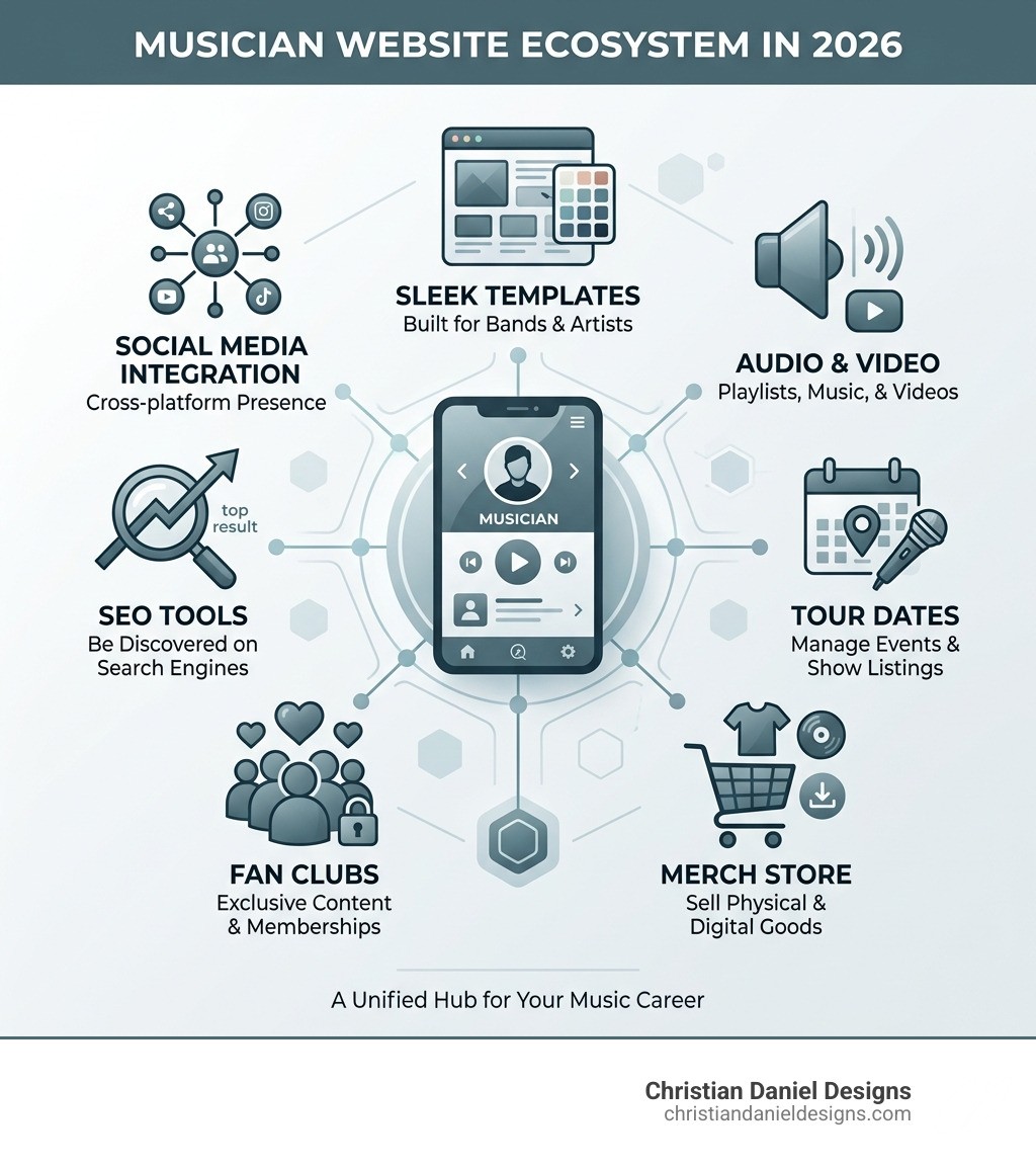 Musician website ecosystem in 2026: templates, audio, tours, merch, fan clubs, SEO, and social media - squarespace for