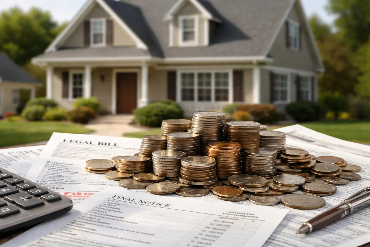 Pile of coins and legal bills placed in front of a house model, symbolizing hidden financial costs.