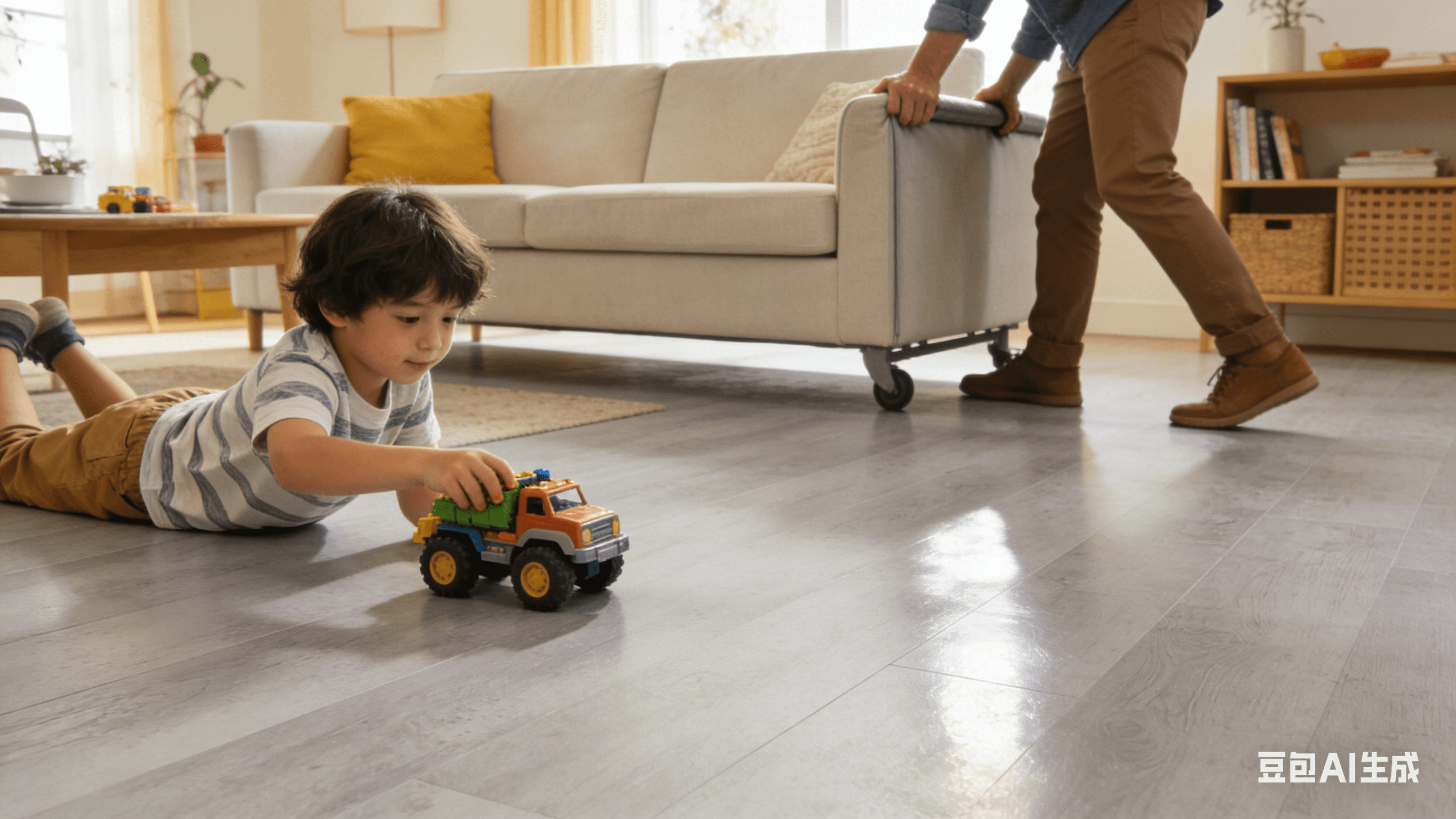 小朋友在木紋膠地板玩耍，大人搬動梳化展現SPC地板耐磨防刮效能，香港家居防水耐用膠地板首選。