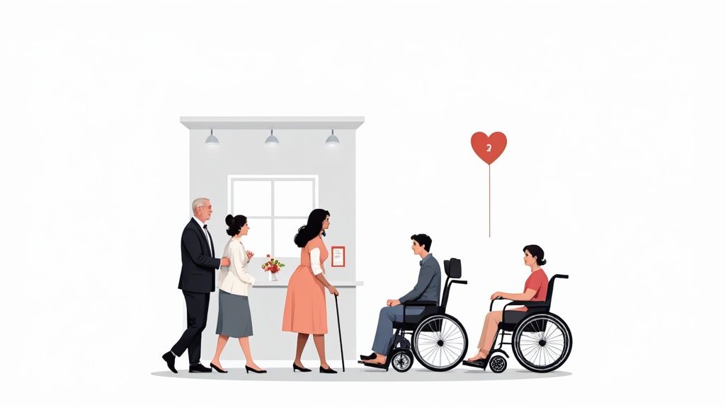 Older travelers with luggage walking through a modern hotel lobby, illustrating the accessible travel market.