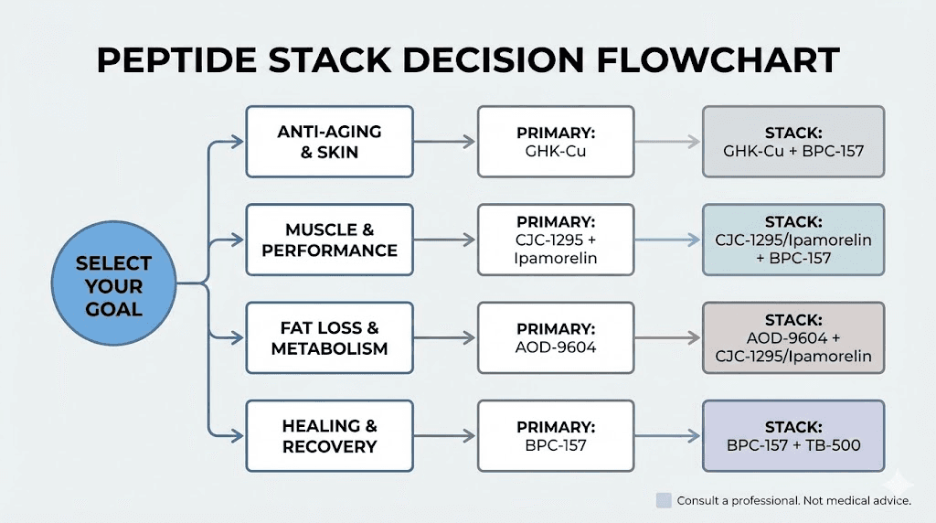 Peptide stacking guide flowchart for different health goals