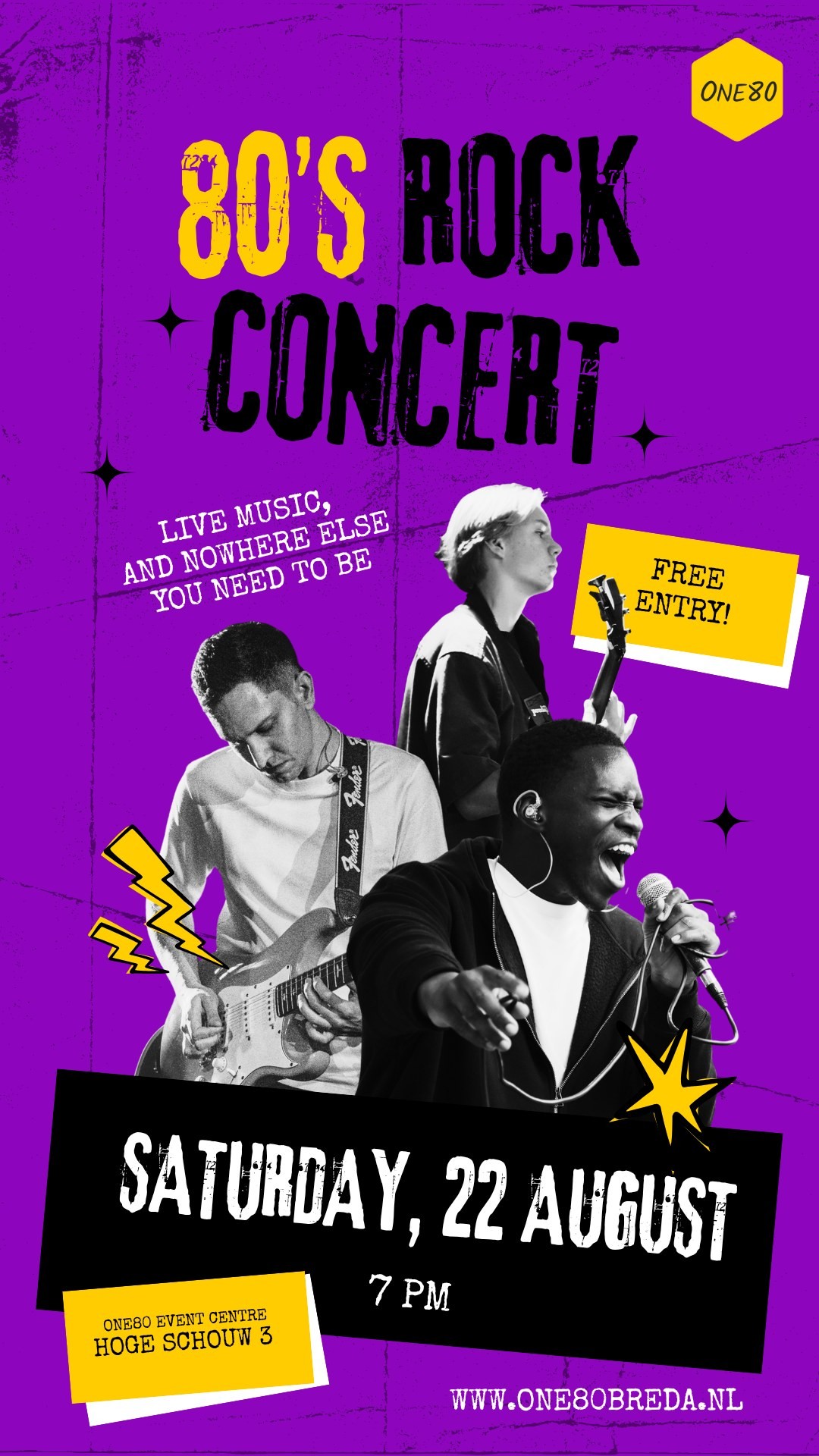 Klik om te vergroten Flyer 80's Rock Concert bij ONE80 Breda, zaterdag 22 augustus 19:00, ONE80 Event Centre Hoge Schouw 3, gratis entree