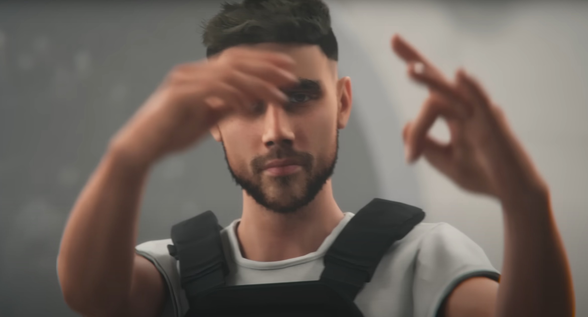 Hyper-realistic CGI character from Musso's 'CLEAN' music video, featuring a close-up of the artist in a futuristic 3D-rendered environment. His fluid hand movements and intense gaze, combined with soft depth of field and cinematic lighting, showcase 9R Studios’ cutting-edge digital animation and high-end music video VFX production