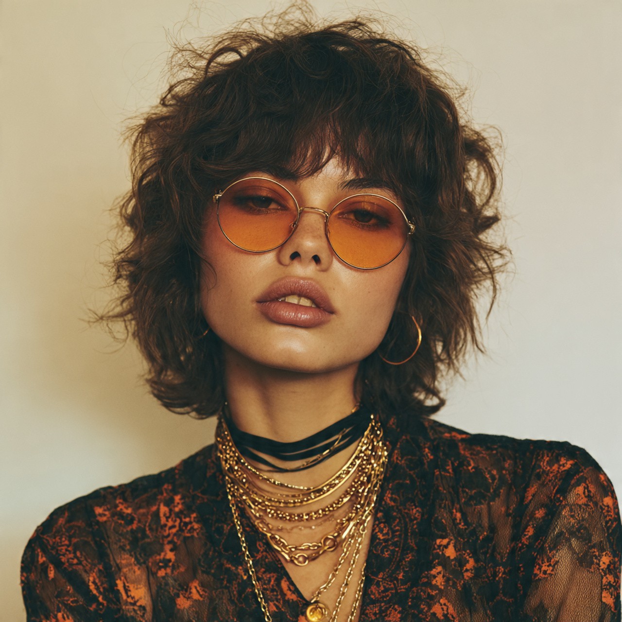 Woman wearing orange-tinted sunglasses and many gold necklaces.