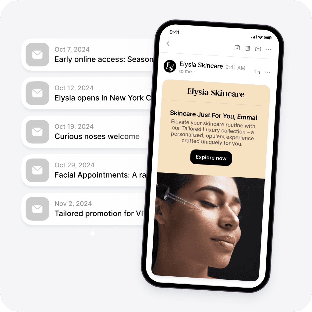 Flux de rappel de panier abandonné pour Elysia Skincare déclenché par Shopify lorsque la valeur du panier dépasse 19 $. Le flux comprend des rappels par e-mail et par SMS avec une image du produit, un bouton de retour au panier et un code de réduction pour la livraison gratuite pour inciter les clients à finaliser leur achat.