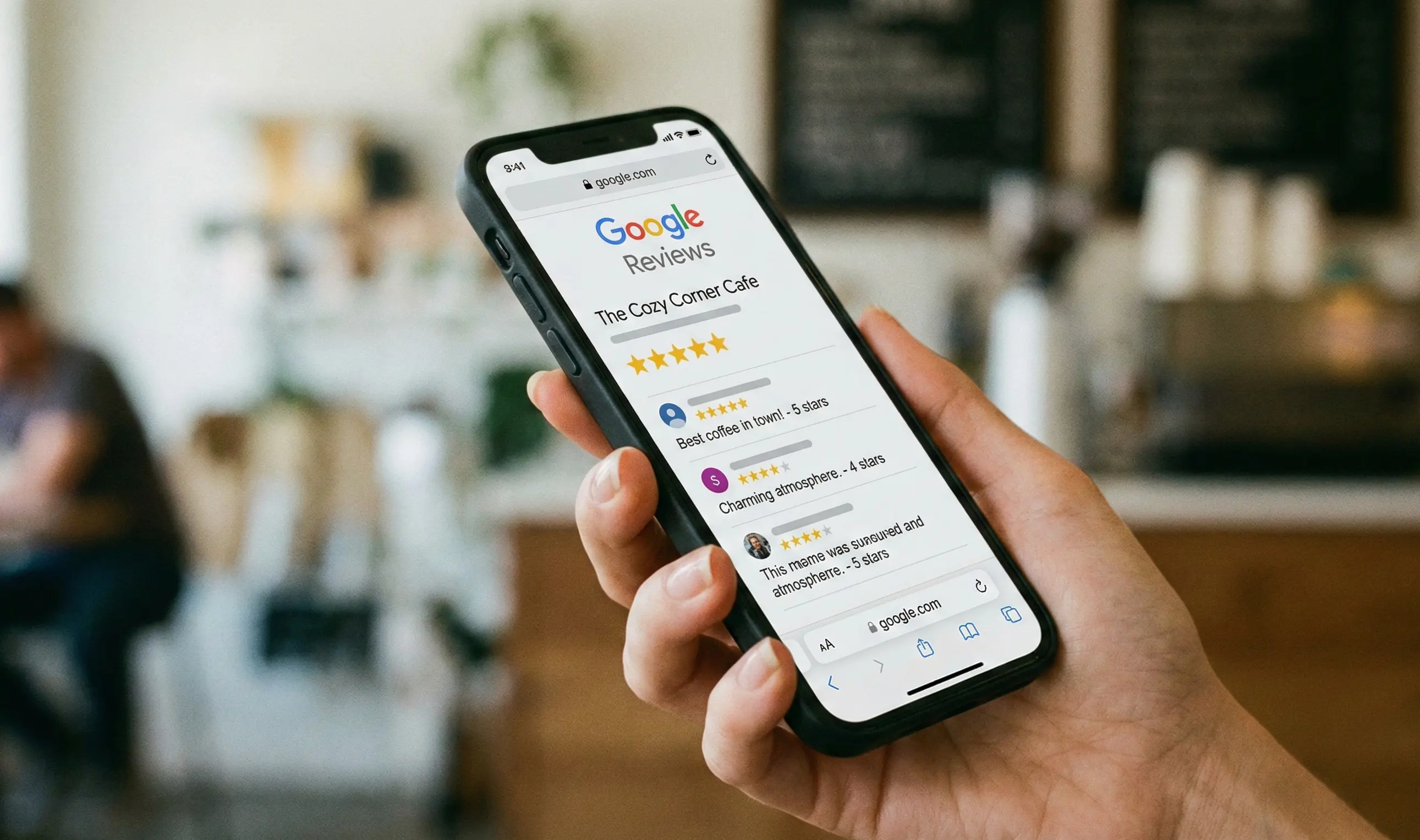 Phone showing 5 star google reviews