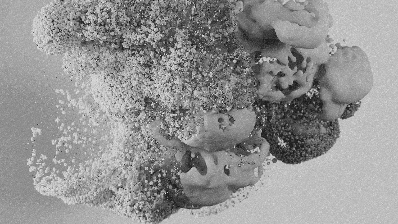 A dense cluster of organic matter and mineral fragments in an abstract macro composition